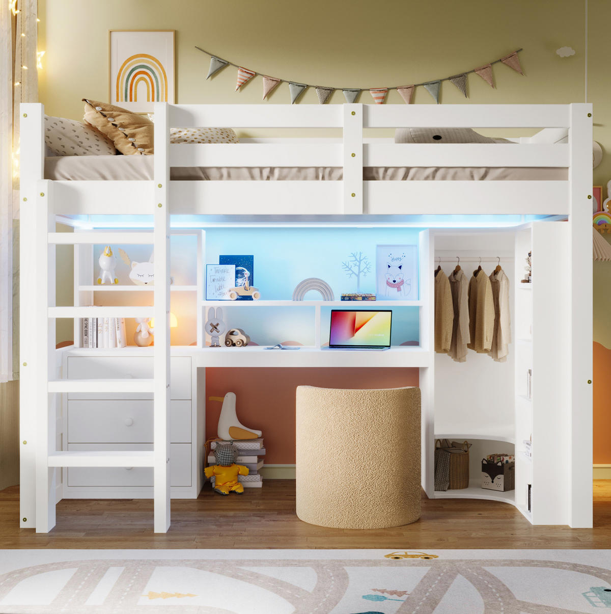 HOCHBETT 90/200 cm in Weiß – mit Schreibtisch, Kleiderschrank und LED - Weiß, Holzwerkstoff (90/200cm) - BEAOK