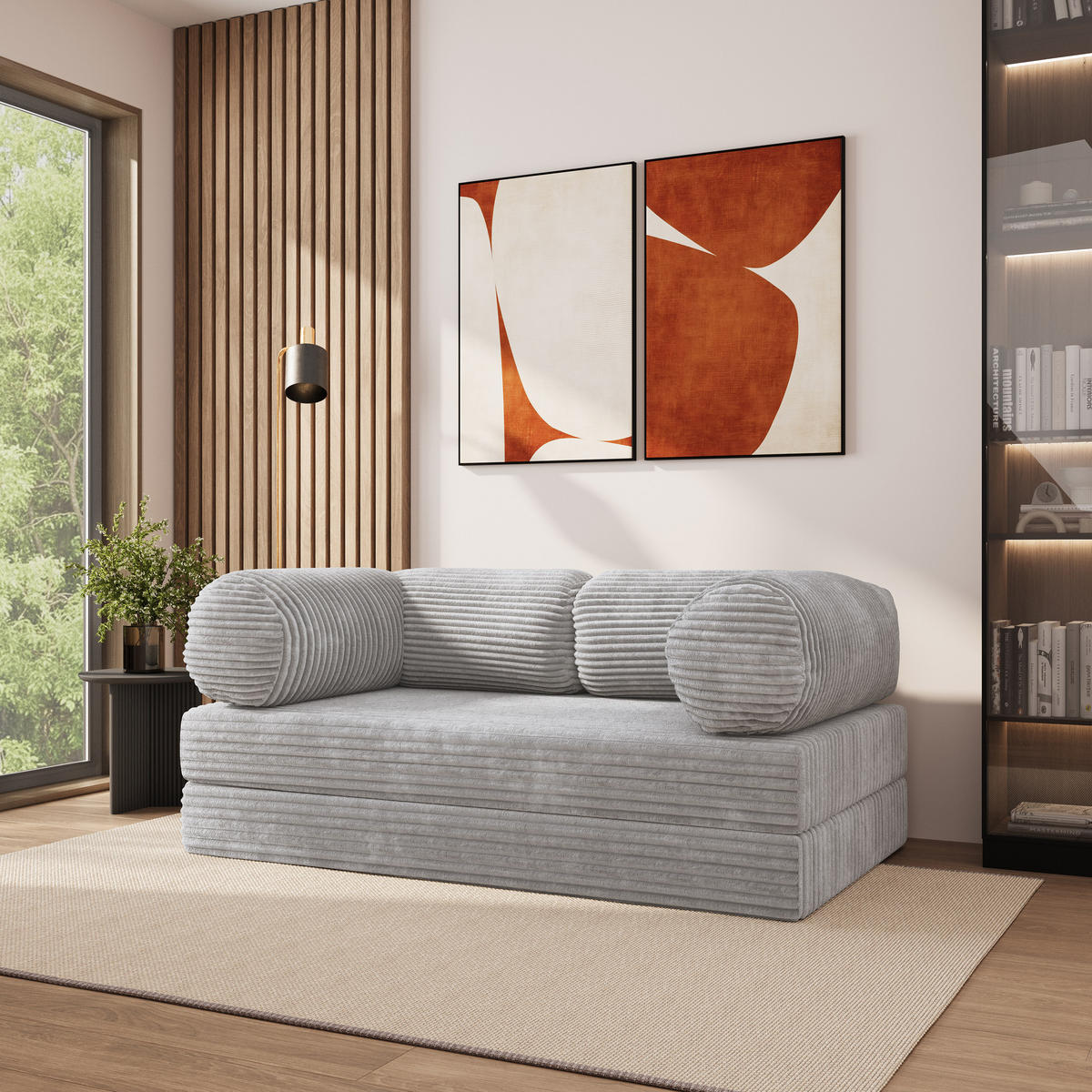 POHOVKA z pěny ALVIO s funkcí spaní Manšestrová látka Světle šedá - šedá/světle šedá, textil (170/68/80cm) - MASSENO