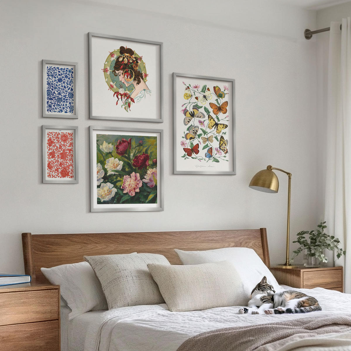 BILDER SET 5er Set - 50x50 cm & 20x30 cm & 40x60 cm Silberner Rahmen - Vintage-Blumen-Schmetterlings-Ornamente - Silberfarben, Kunststoff (40/60cm) - TULUP