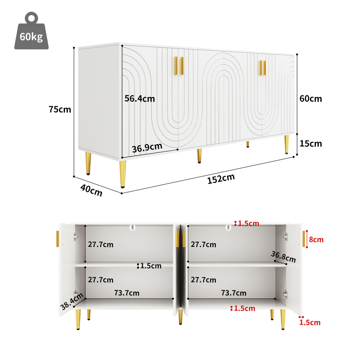 SIDEBOARD Wellenfront mit goldenen Griffen & Füßen Weißes - Weiß, Holzwerkstoff (152/75/40cm) - Urban Meuble