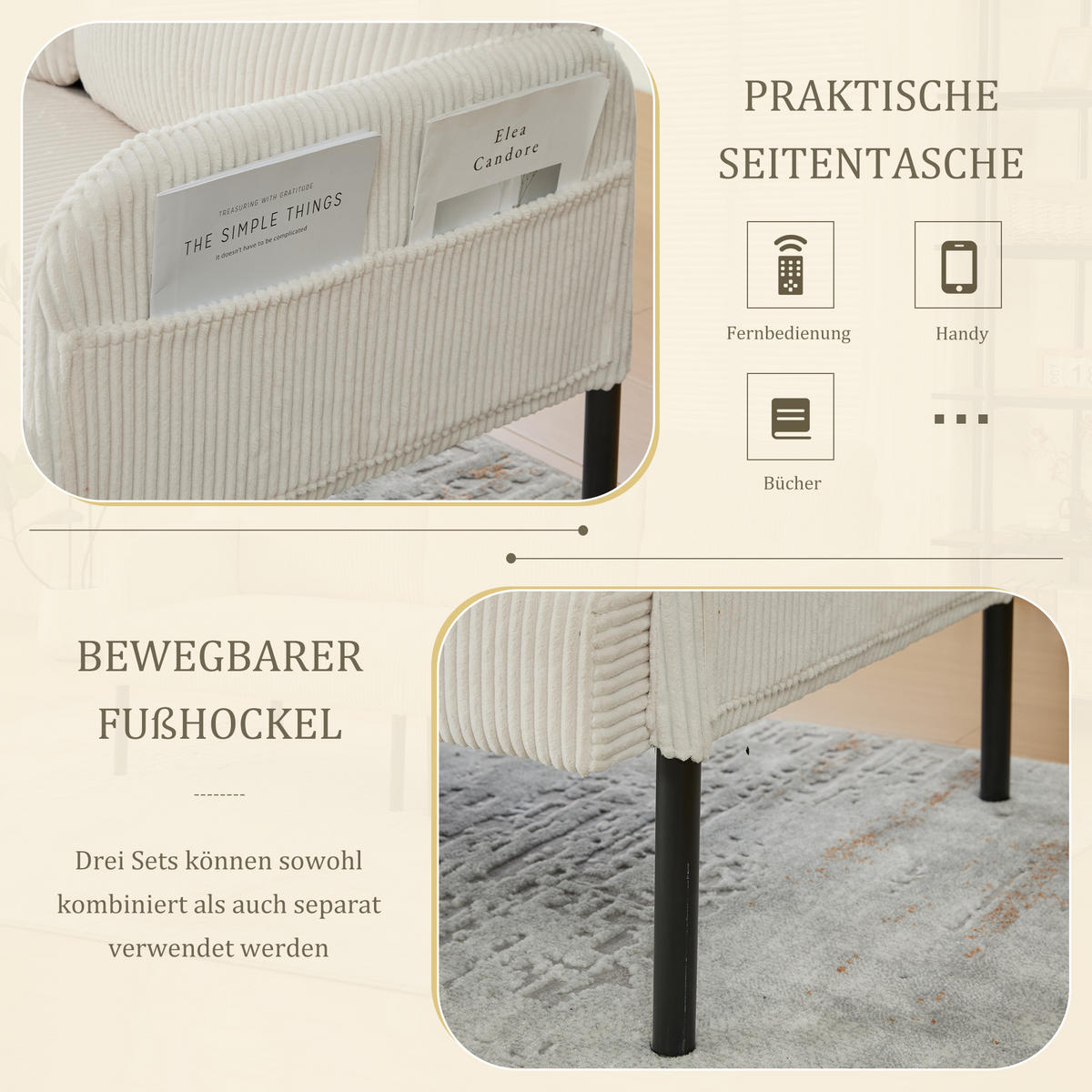3-SITZER Sofa mit Seitentaschen, Metallgestell & Leinenstoff, 171cm, Beige - Beige/Schwarz, Textil/Metall (171/80/72cm) - LVHOM
