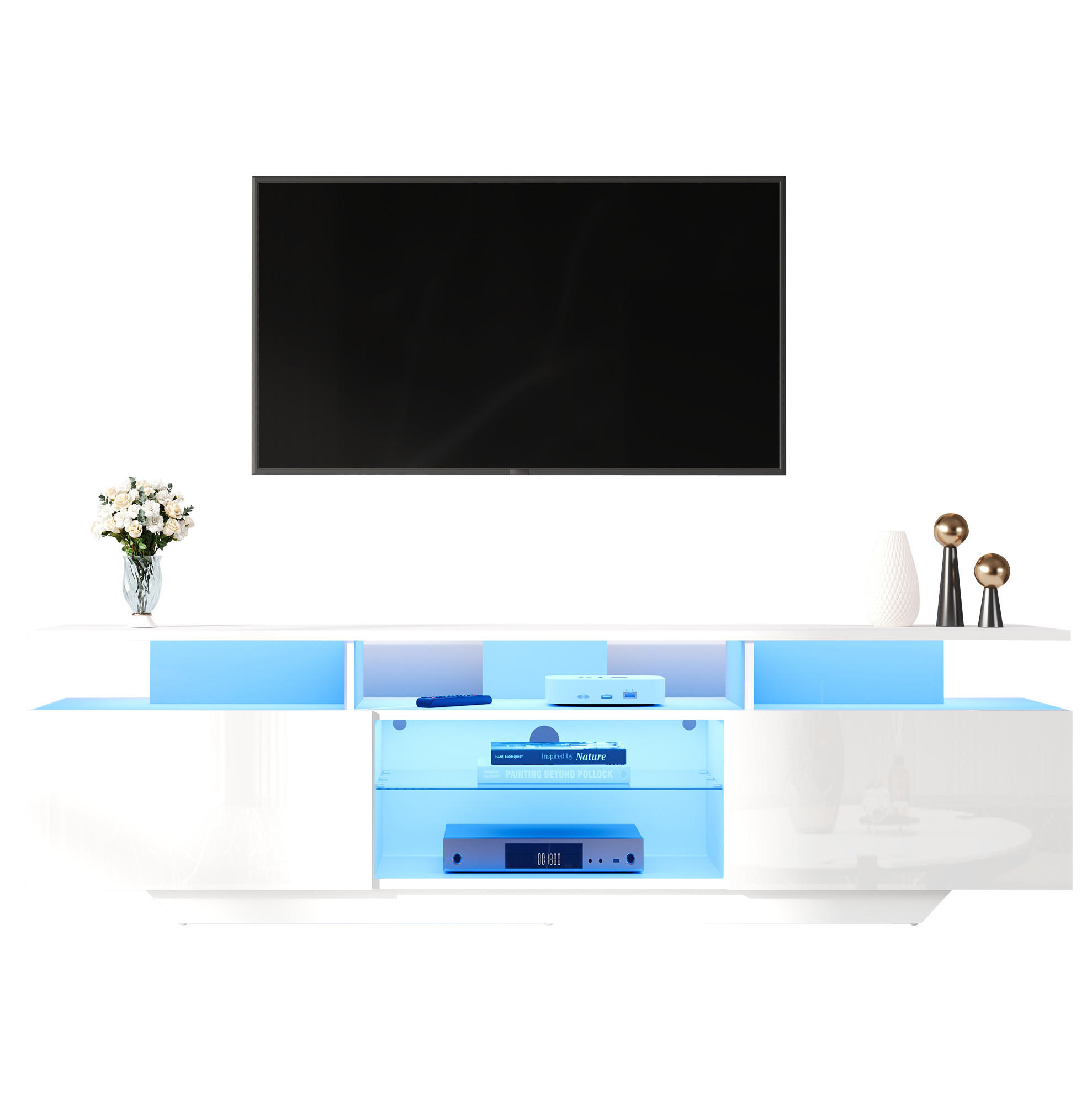 TV-SCHRANK aus MDF und Glas 160x40x45 cm Weiß mit LED-Beleuchtung, 2 Schränken und 8 Ablageflächen - Weiß, Holzwerkstoff (160/45/40cm) - Modfu