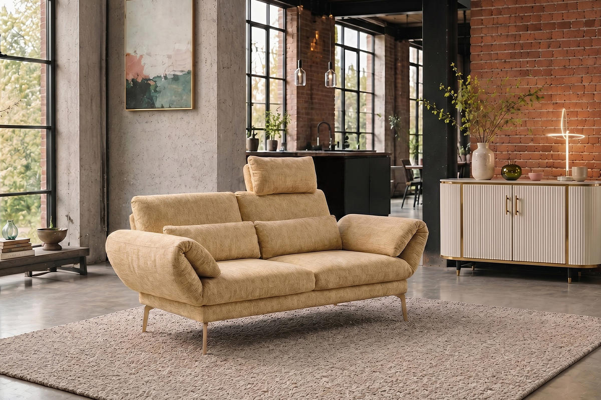 SOFA HOLLY Gelb Flachgewebe - Gelb/Braun, Textil/Metall (176/90/92cm) - KAWOLA