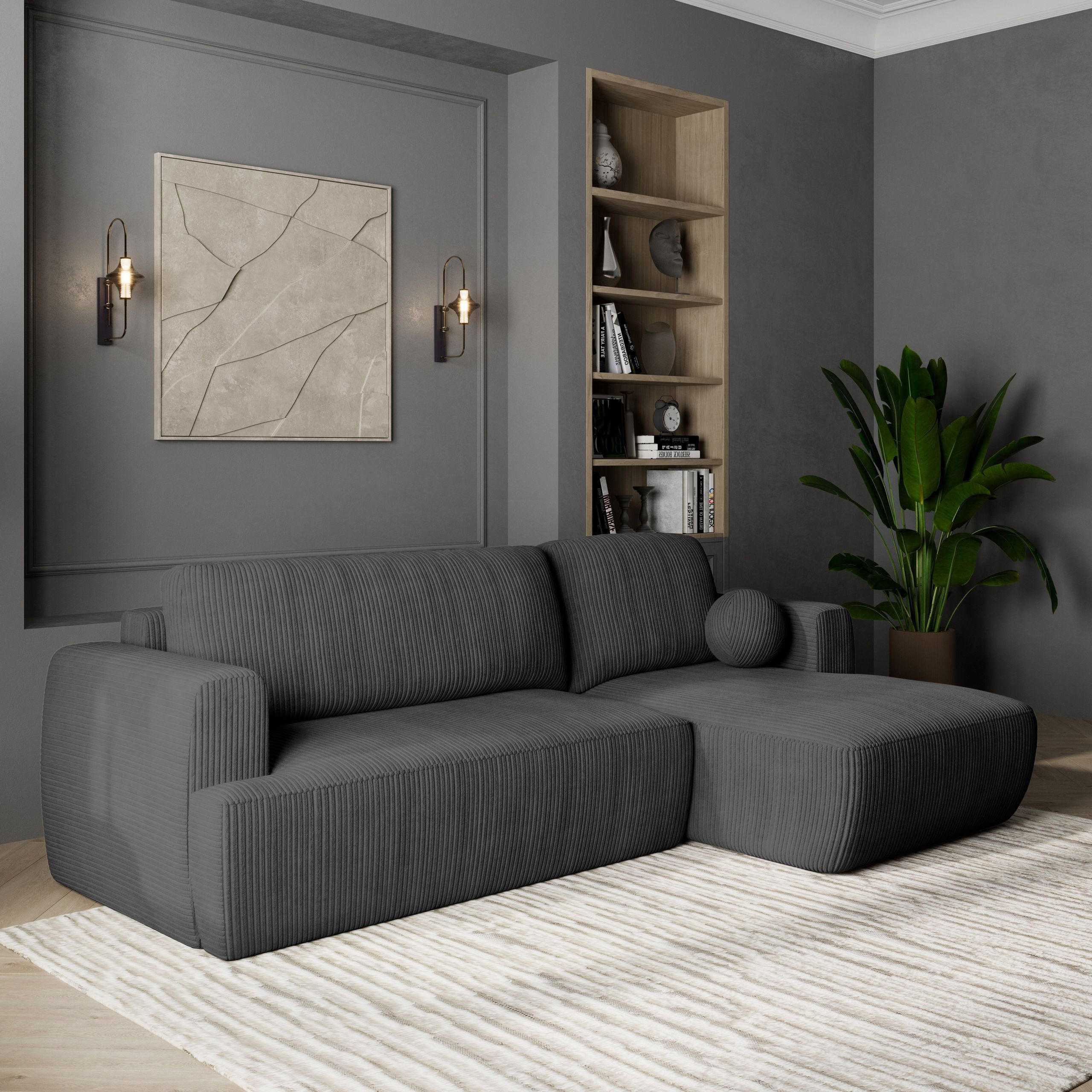 ECKSOFA SENTI P R-S Graphitfarben Kordstoff mit Schlaffunktion - Graphitfarben, Holz (246/148cm) - MASSENO