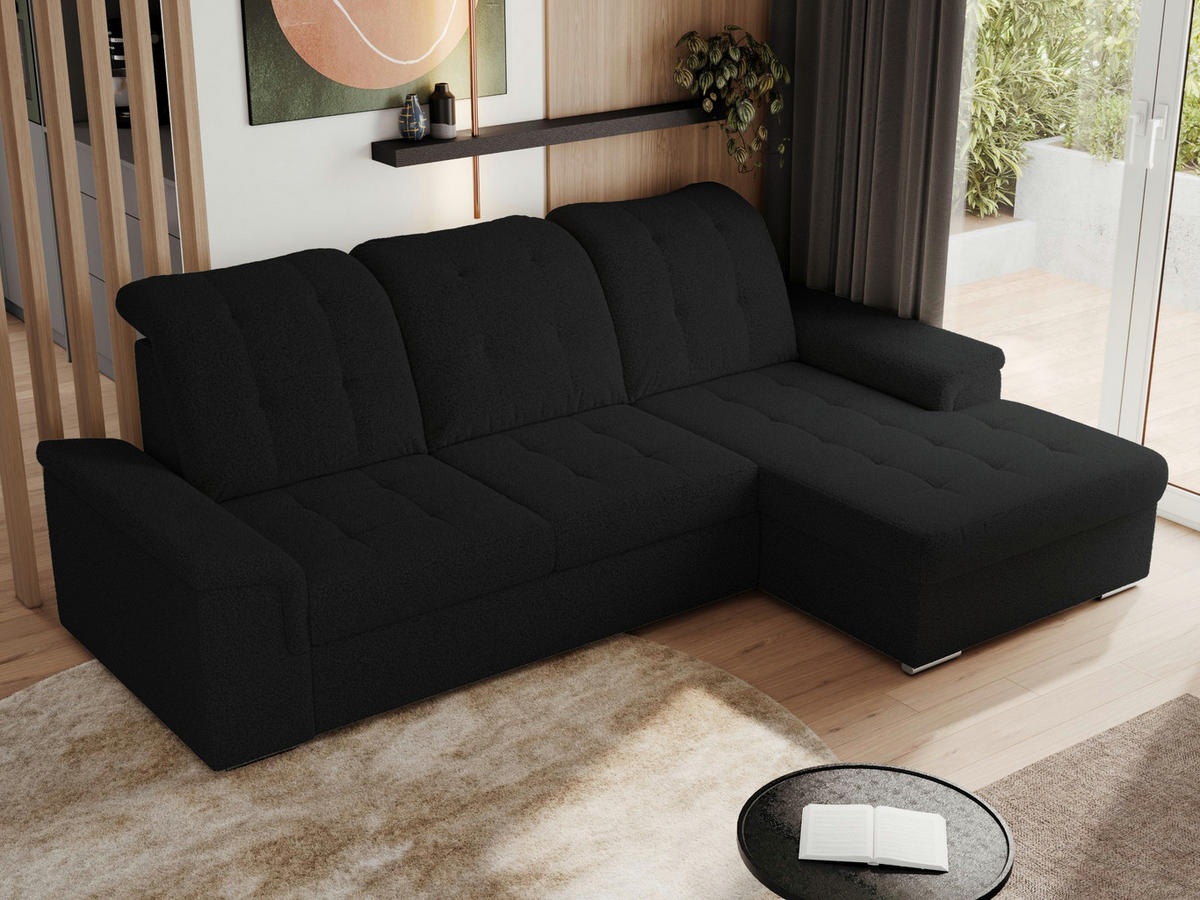 ECKSOFA MADRITO L - Schwarz Boucle - Rechts - Silberfarben/Schwarz, Textil/Metall (256/160cm)