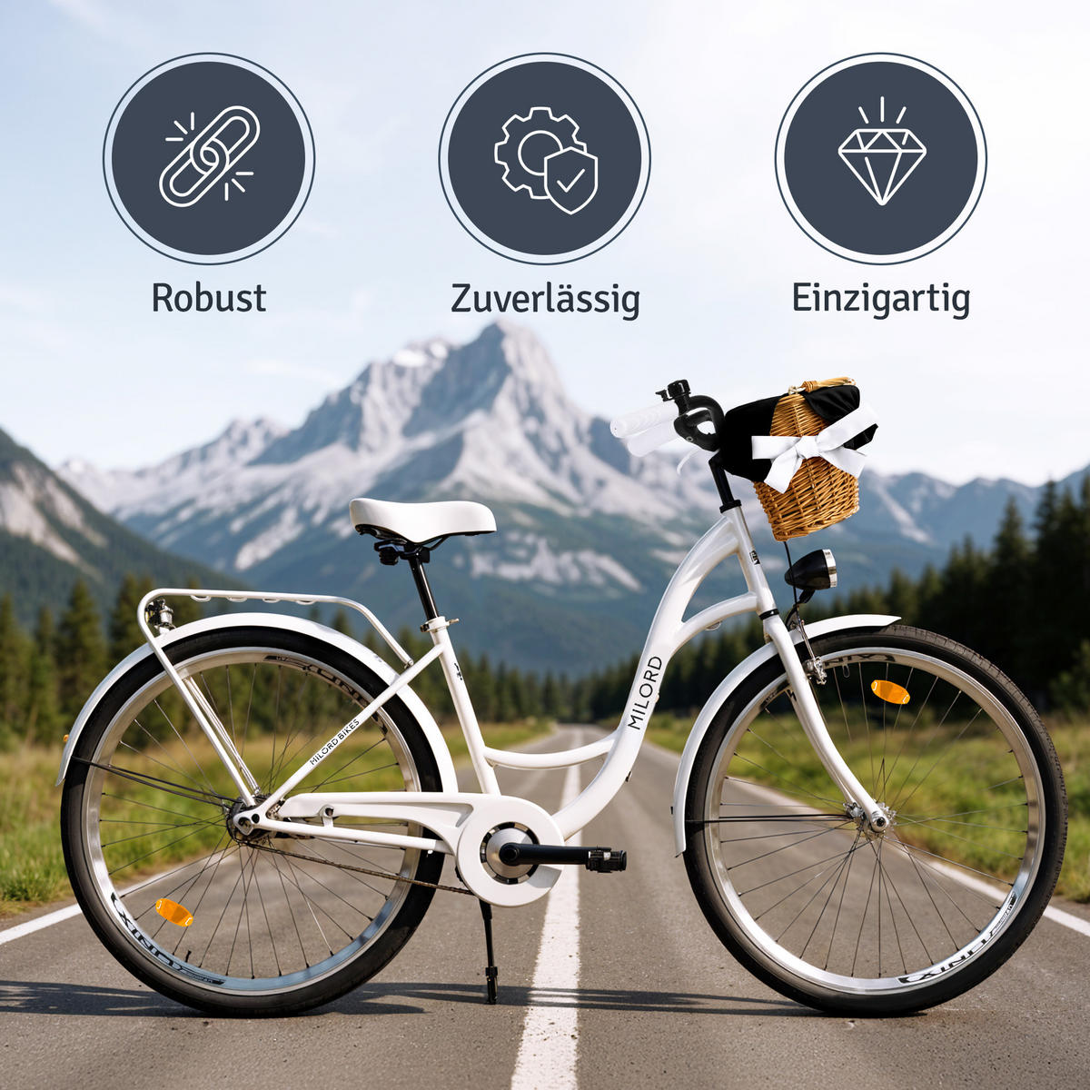 CITY-FAHRRAD Milord mit Weidenkorb, 28 Zoll, Weiß, 1-Gang - Weiß, Metall (46cm) - Milordbikes