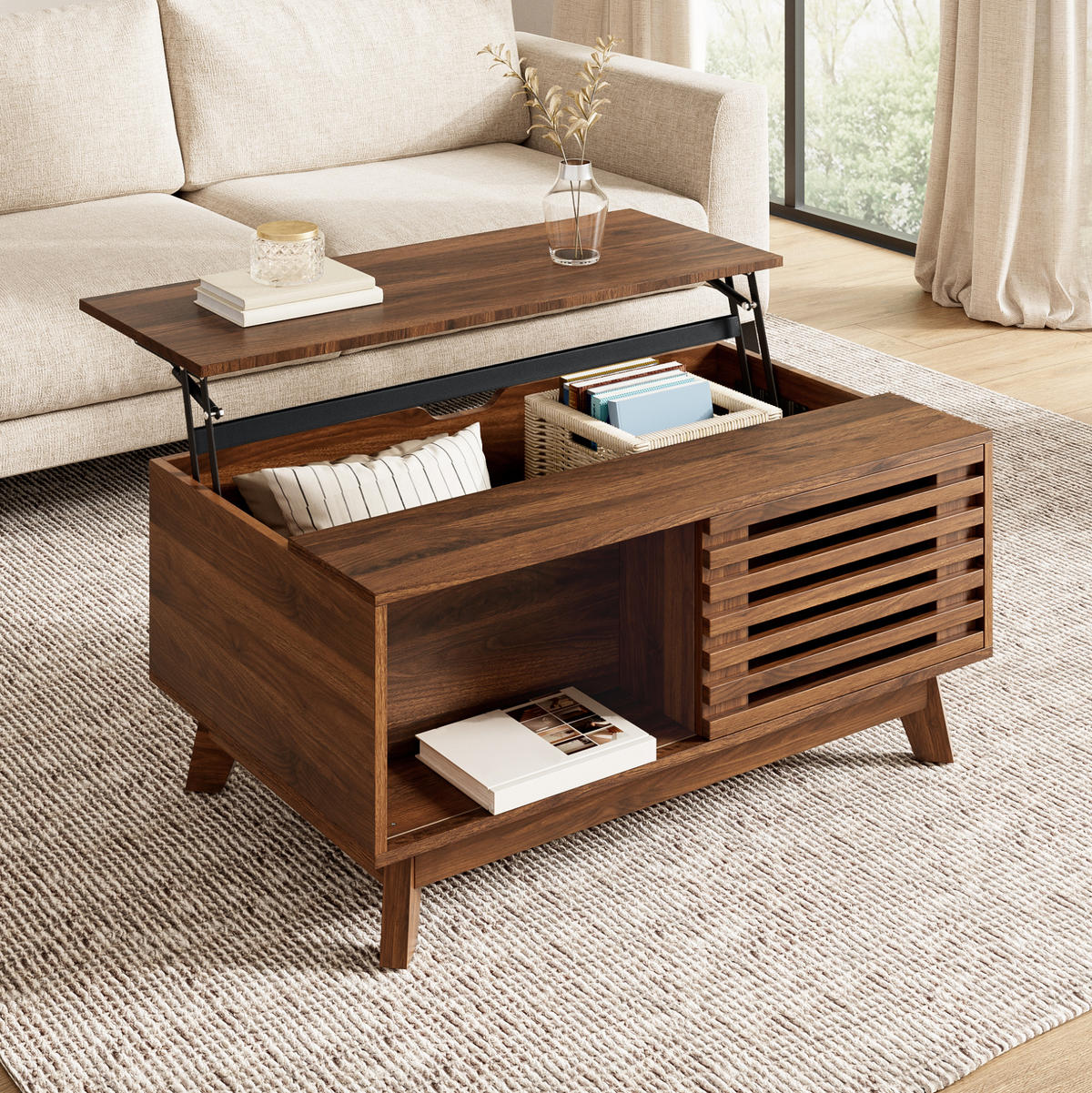 COUCHTISCH 90/55/57,5 cm aus MDF mit höhenverstellbarer Tischplatte und verschiebbarer Jalousietür, Nussbaum - Nussbaumfarben, Holzwerkstoff (90/55/57.5cm) - Redom