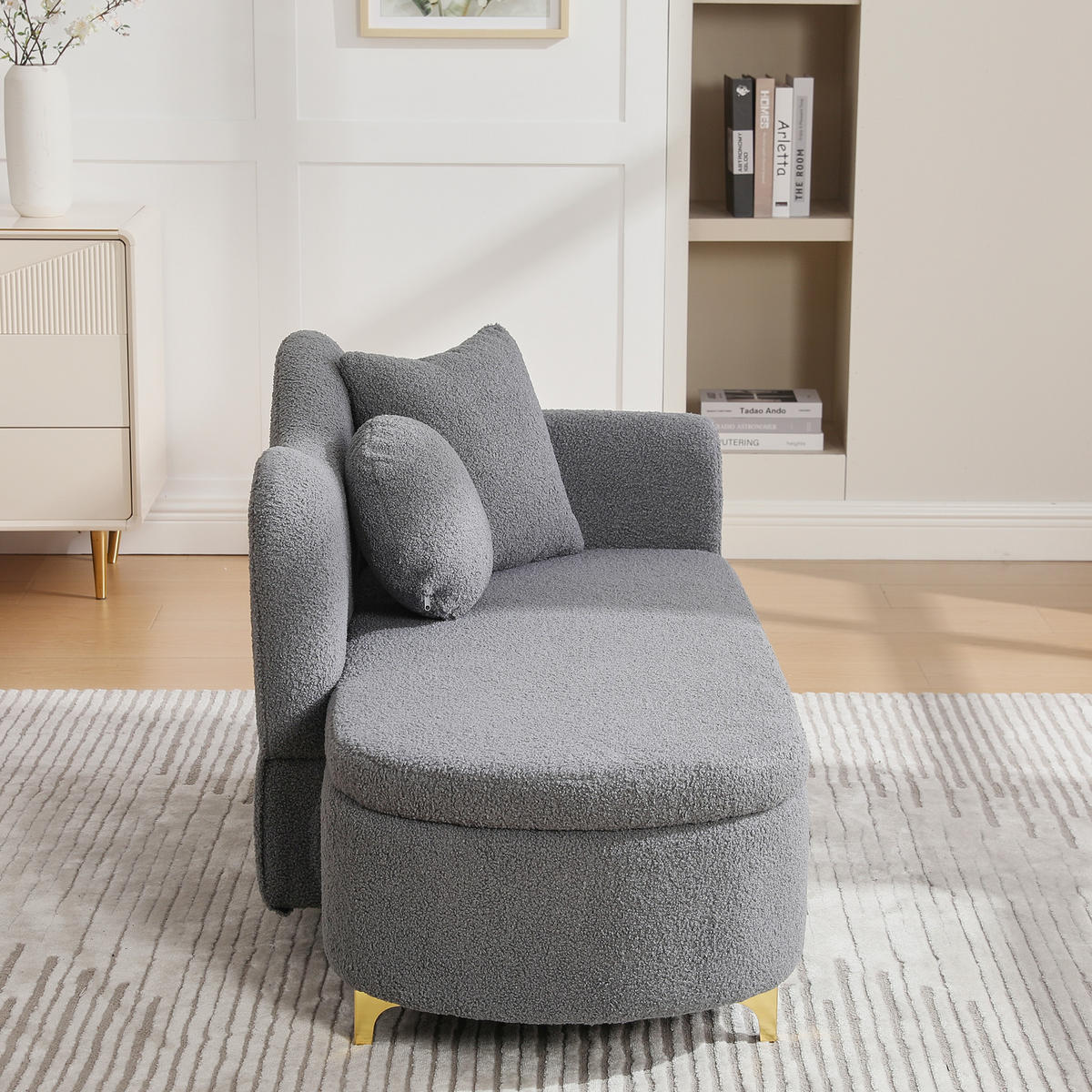 RÉCAMIERE Teddystoff Antikgrau mit Stauraum und mit Kissen - Grau, Holzwerkstoff/Textil (134/70/64cm) - WISHDOR