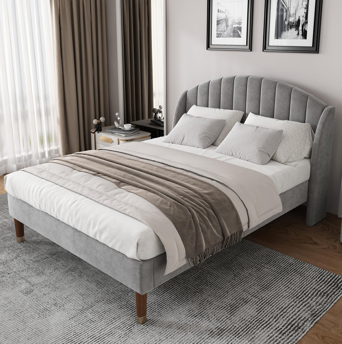 POLSTERBETT 140/200 cm aus Samt mit Lattenrost und gepolstertem Kopfteil Grau - Grau, Textil (140/200cm) - Modenvie