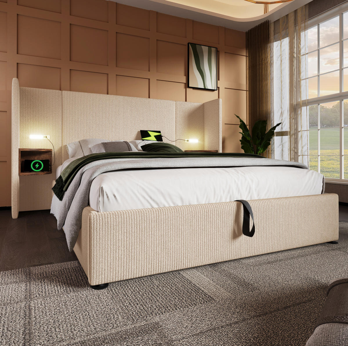 ČALOUNĚNÁ postel 160/200 cm s čtecí lampou, USB a Type-C nabíjením, hydraulickým úložným prostorem, Béžová a bílá - béžová, textil (160/200cm) - Redom