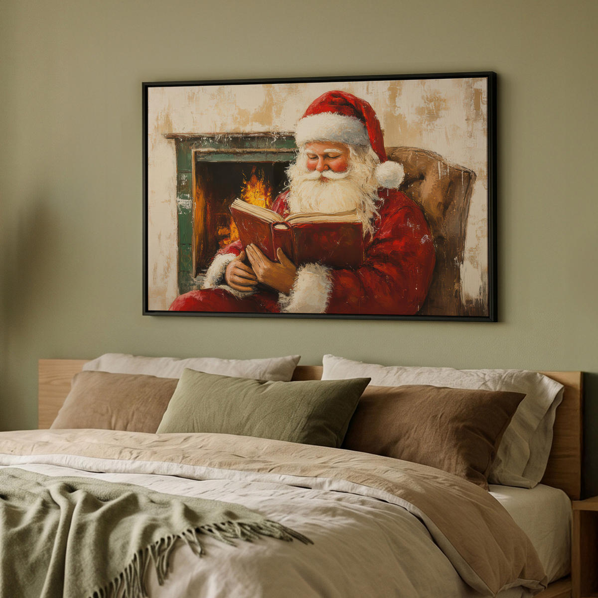 LEINWAND Bilder mit Rahmen - Weihnachten - Weihnachtsmann - Winter - Open Fireside - 90x60 - Dunkelrot, Textil (90/60cm) - MuchoWow