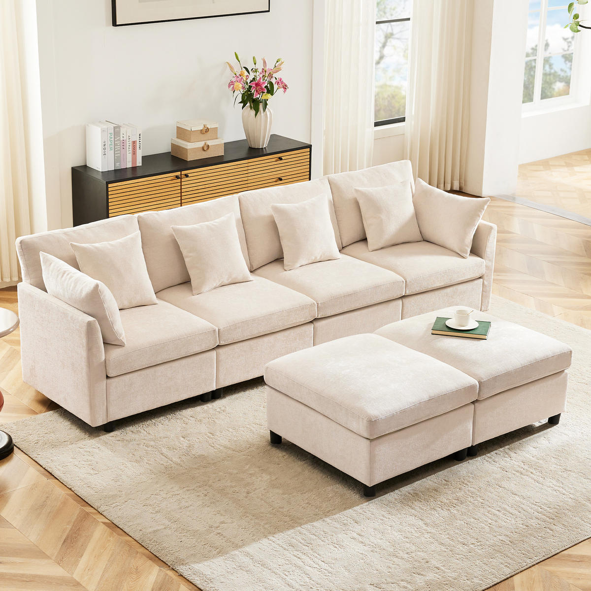 WOHNLANDSCHAFT 278/161/81 cm Beige mit 2 Fußhocker - Beige, Textil (278/81/161cm) - Oxeza