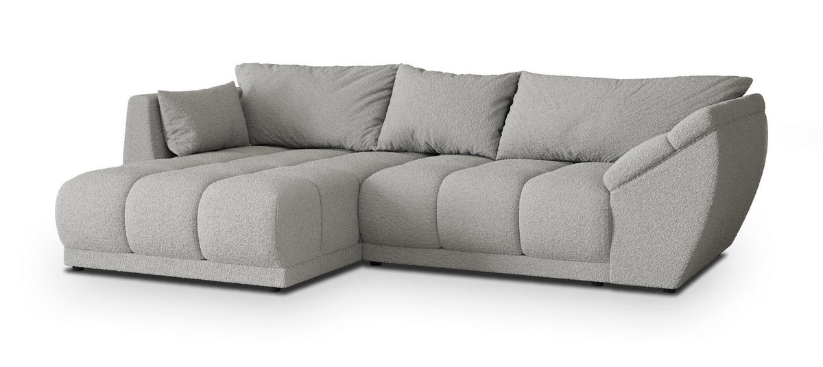 ECKSOFA ORENTI L-S Hellgrau Boucle-Stoff mit Schlaffunktion - Hellgrau, Holz (287/182cm) - MASSENO