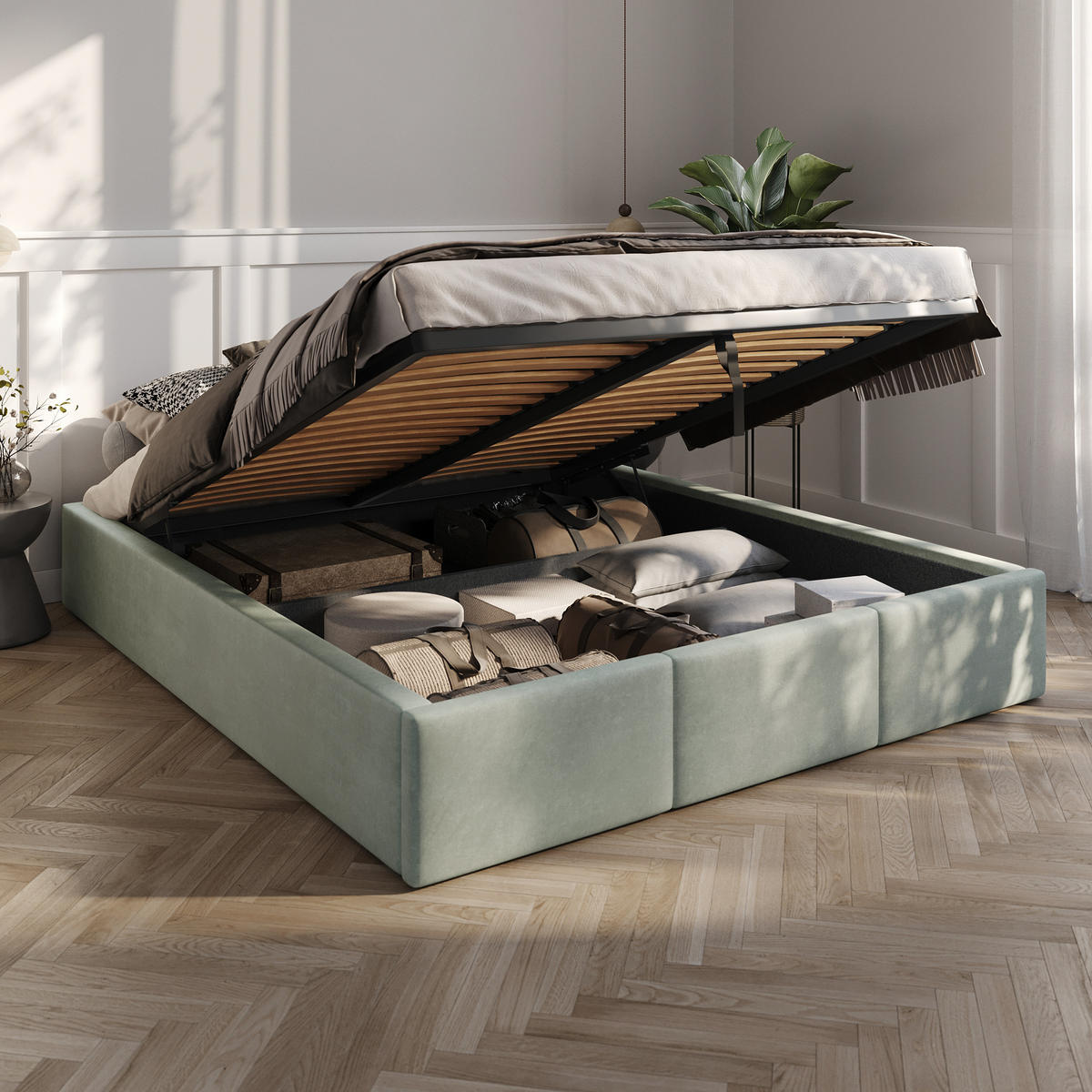 POLSTERBETT für Schlafzimmer Bett mit Stauraum Mint 160x200cm - Mintgrün, Holzwerkstoff/Textil - Muralo