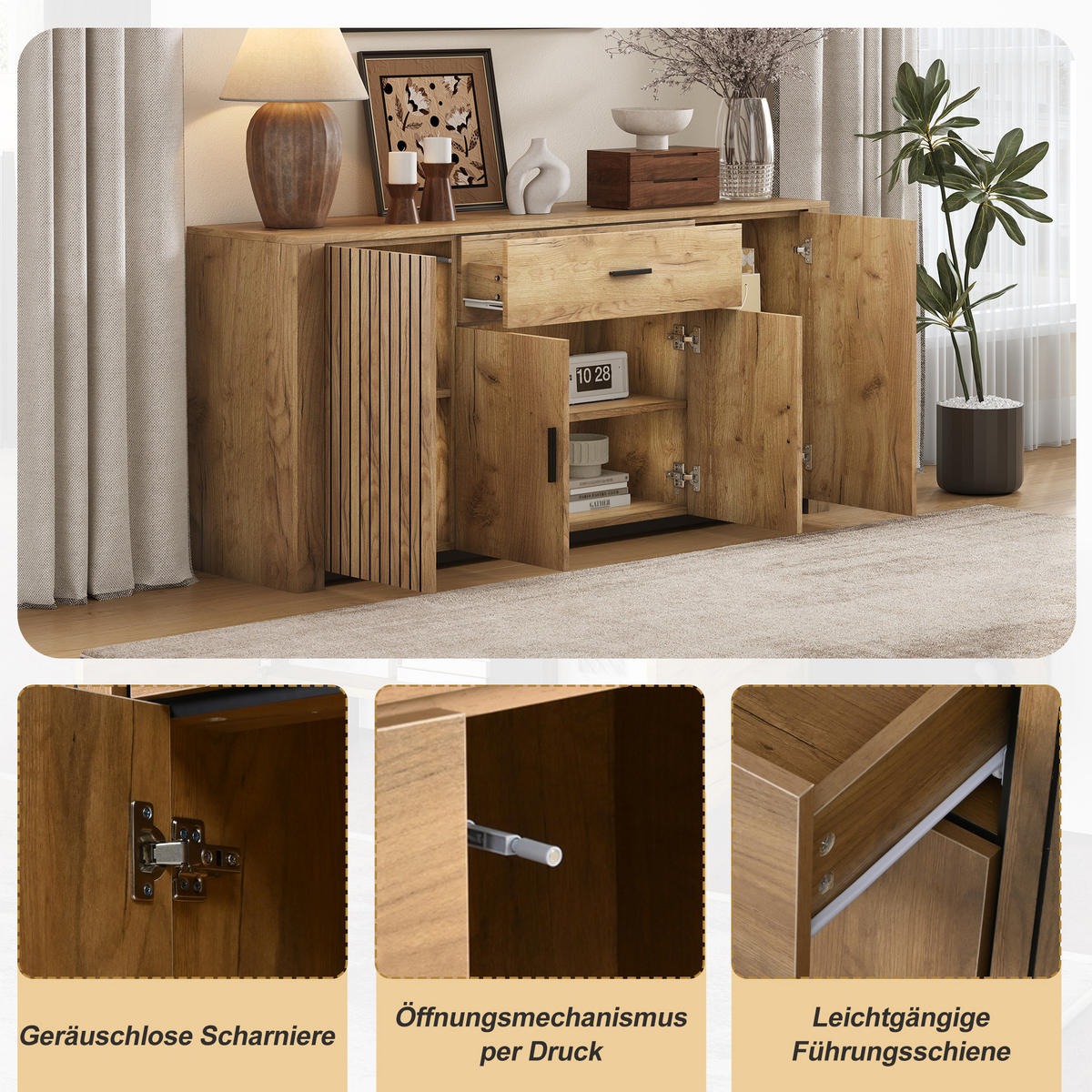 SIDEBOARD Holz 4 Türen 1 Schublade 160x40x75cm Stauraum - Eichefarben, Holzwerkstoff (40/75/160cm) - FLIEKS