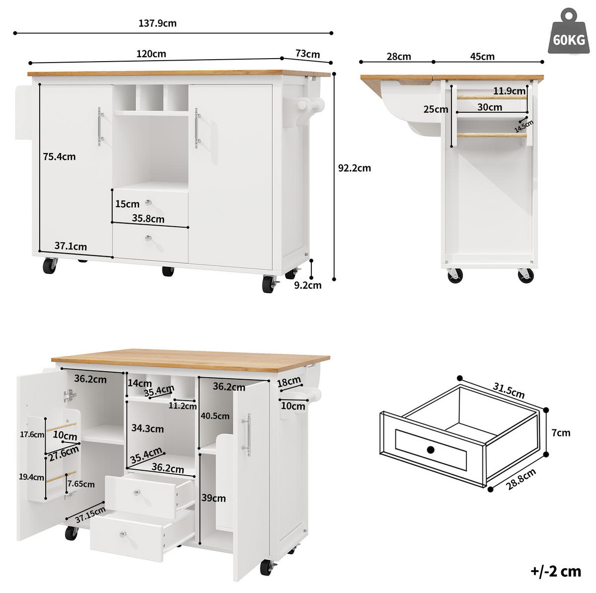KÜCHENINSEL 137,9/92,2/73 cm Weiß aus MDF und Metall mit klappbarer Arbeitsplatte - Weiß, Holzwerkstoff (73/92.5/137.9cm) - OKMYHOME