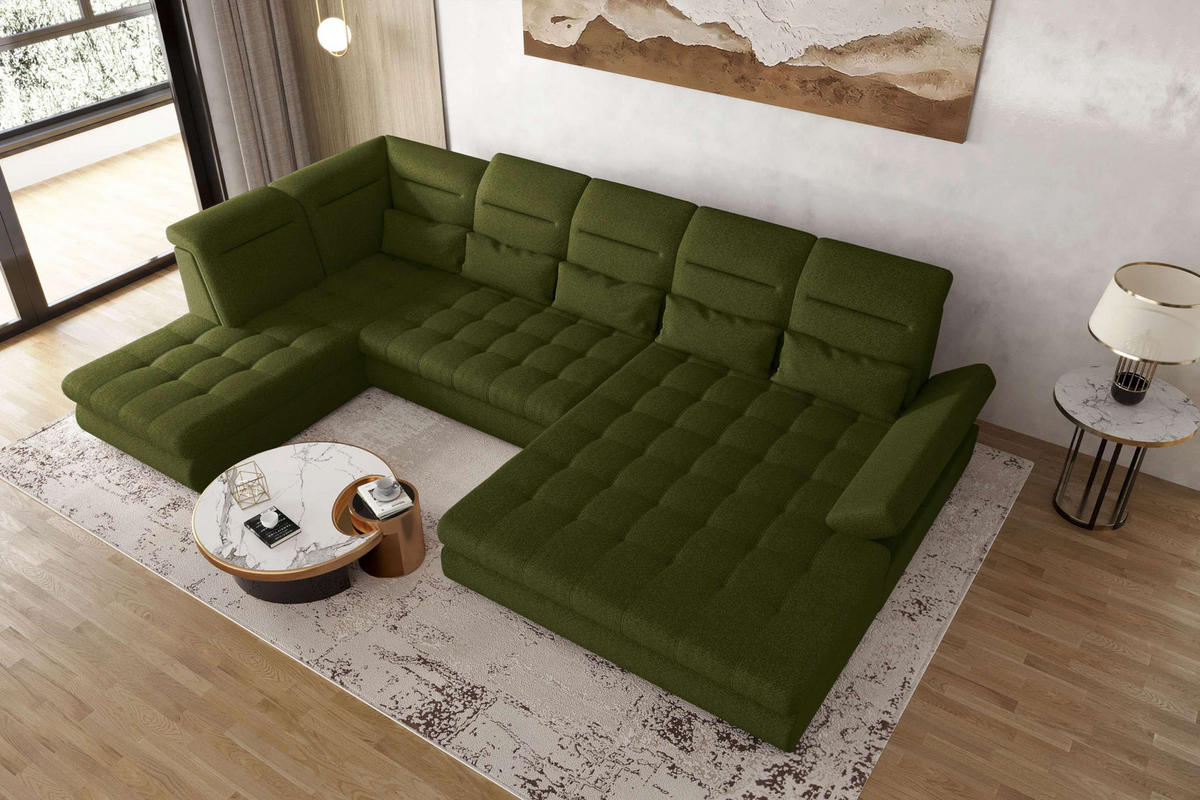 WOHNLANDSCHAFT Toscana Strukturstoff inkl. Schlaffunktion - Grün, Textil (358/87/208cm) - 99rooms