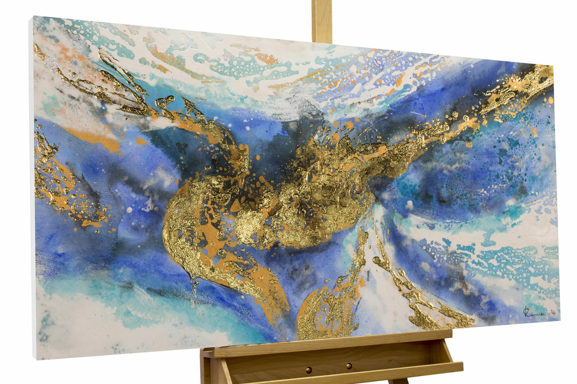 KUNSTLOFT RUČNĚ MALOVANÝ AKRYLOVÝ OBRAZ MODRÝ/ZLATÝ, 120/60 CM