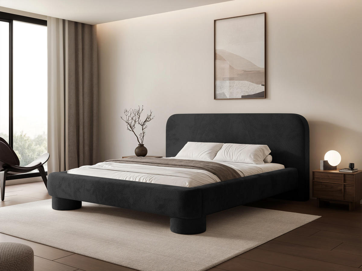 POLSTERBETT Frederico 180x200 cm Schwarz Chenille – (Doppelbett mit Bettkasten, Lattenrost, rundes Kopfteil) - Schwarz, Holz/Holzwerkstoff (180/200cm) - Ravio