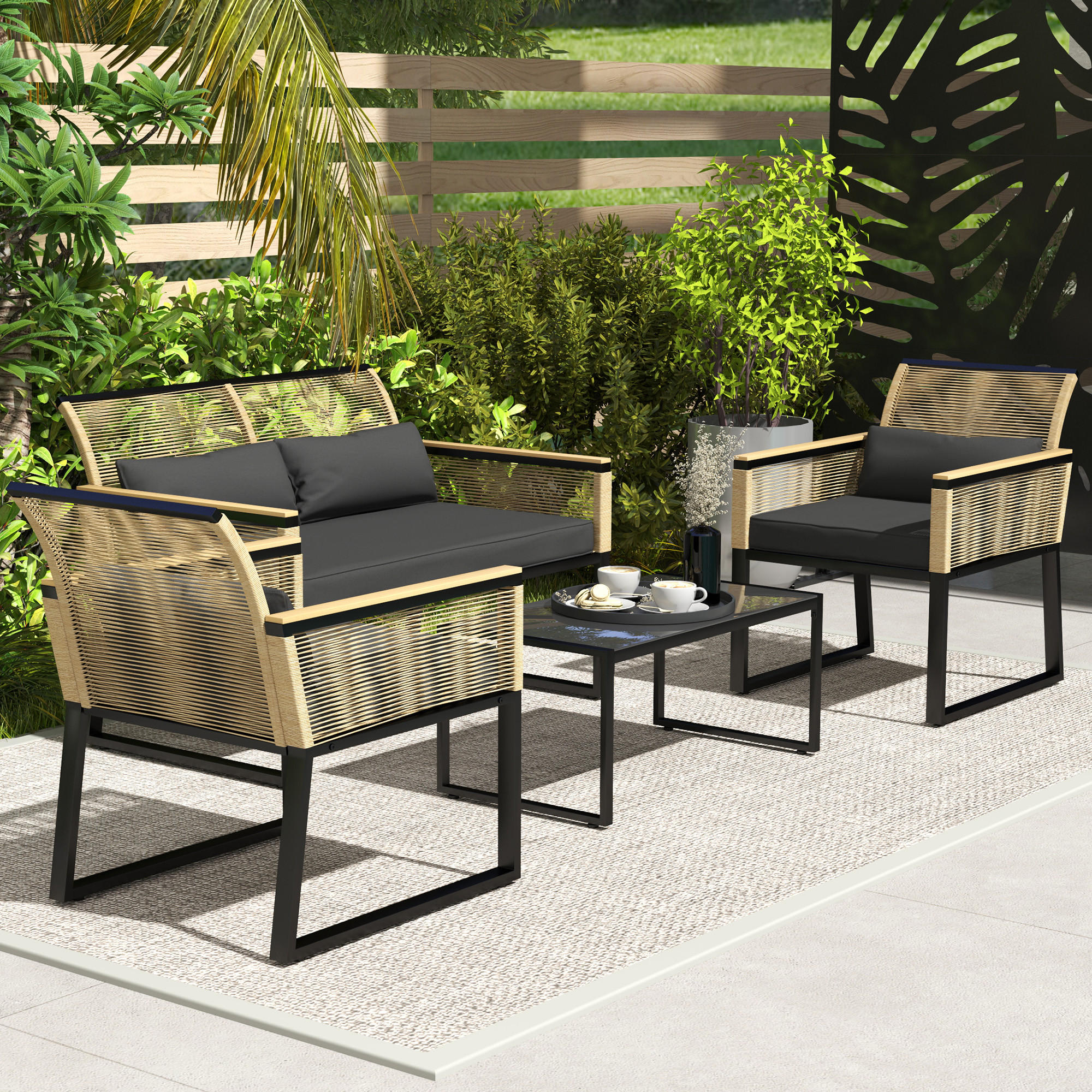 GARTENMÖBEL Set 4 Personen - Schwarz, Metall - Outsunny