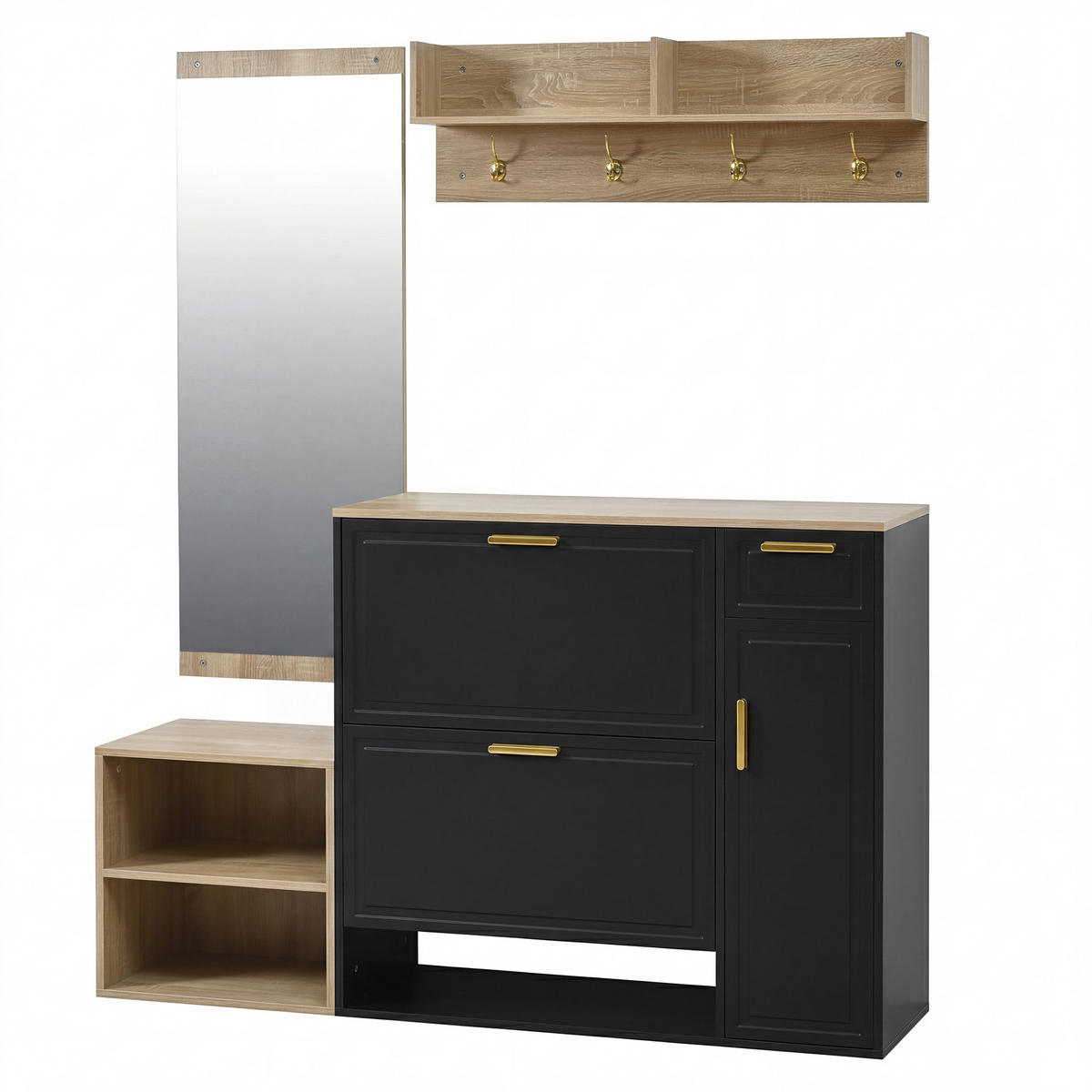 GARDEROBE Garderoben-Set Schuhschrank Sitzbank Wandgarderobe Spiegel platzsparend Farbe Neutral Größe Standard 4er Set - Schwarz, Holzwerkstoff (130/174/30cm) - EVRYAE