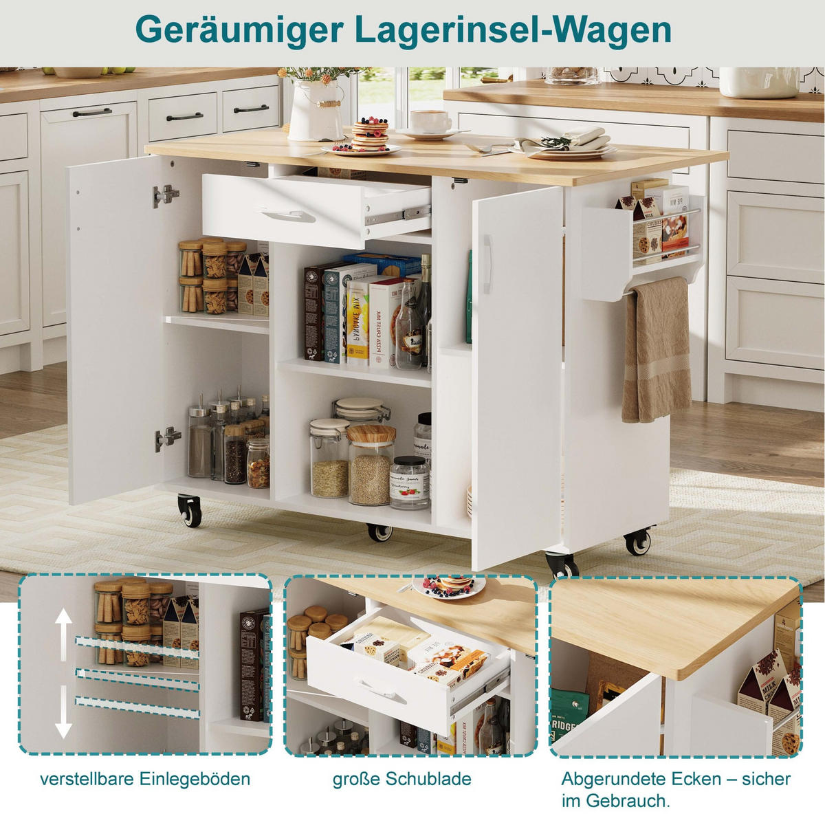 KÜCHENWAGEN mit klappbarer Arbeitsplatte, Schublade und Schränken, White+Natural - Weiß, Holz (67.5/92.8/136.5cm) - Beauniv