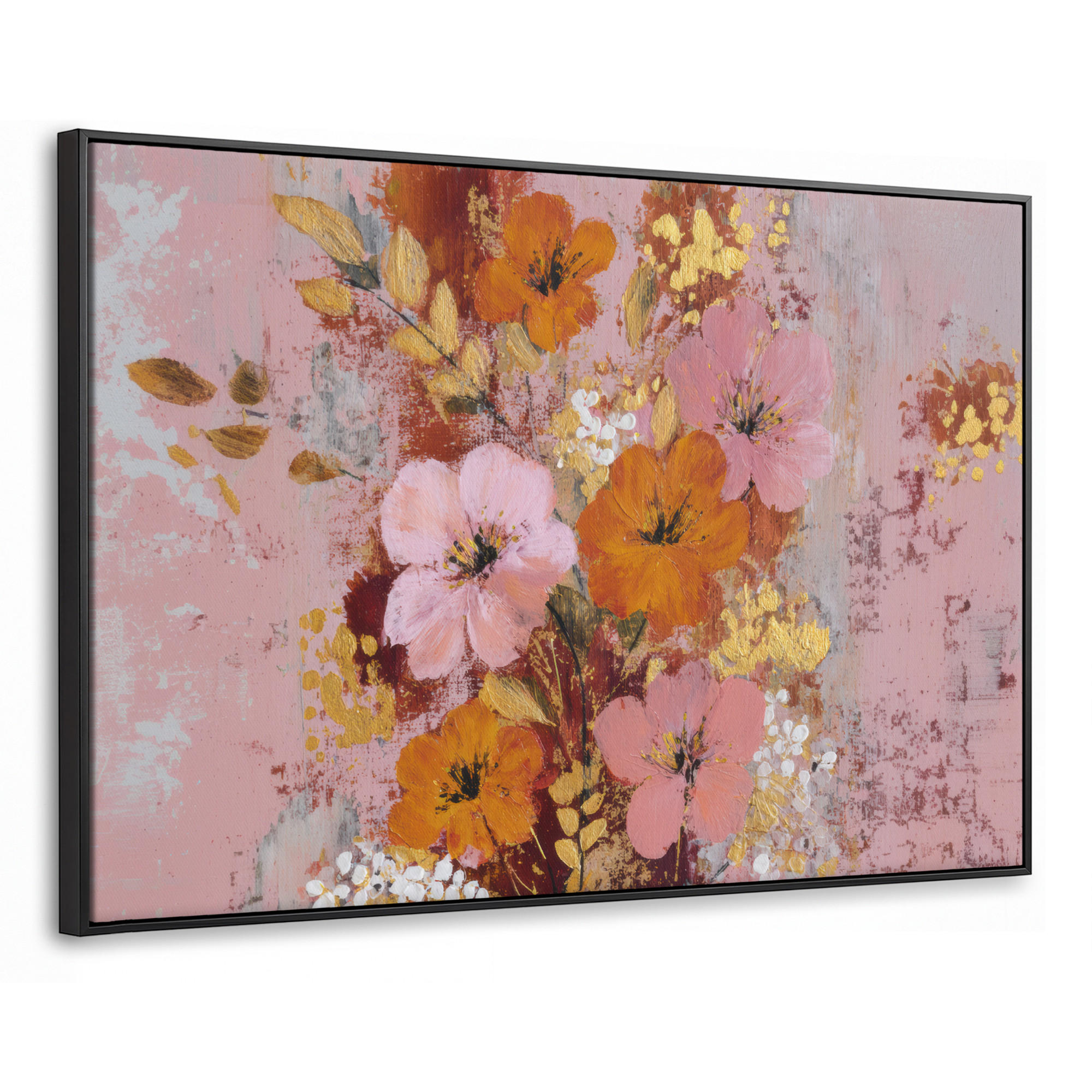 LEINWAND Bilder mit Rahmen - Malerei - Blumen - Rustikal - Rosa - 90x60 - Altrosa, Textil (90/60cm) - MuchoWow