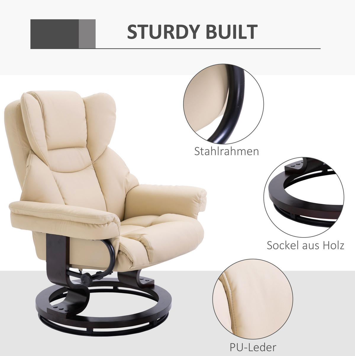 RELAXSESSEL-SET mit Hocker Kunstleder 360° drehbar, 145° neigbar 80/79/100 cm Creme - Creme, Holz (79/100/80cm) - Redom
