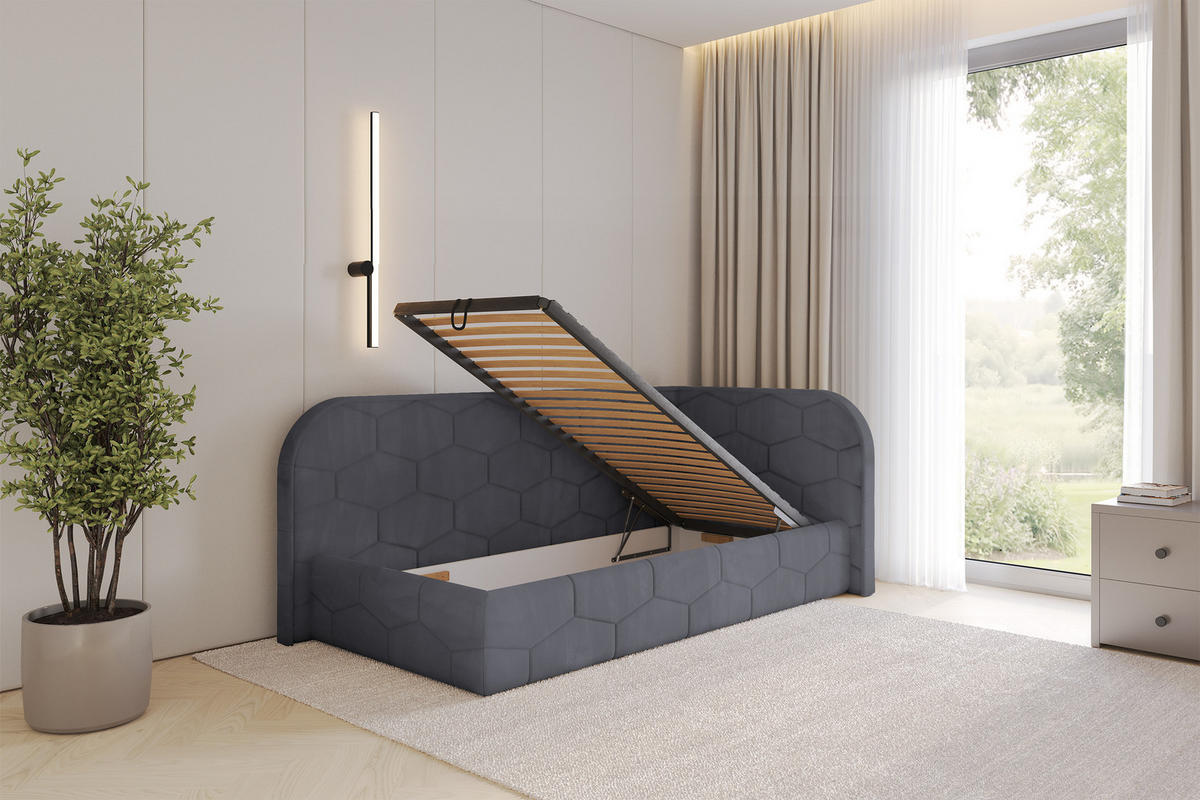 EINZELLBETT Jugendbett mit Bettkasten und Matratze H3/H4, Links - JAXY 90x200 Dunkelgrau - Dunkelgrau, Holzwerkstoff/Textil (90/200cm) - ALTDECOR
