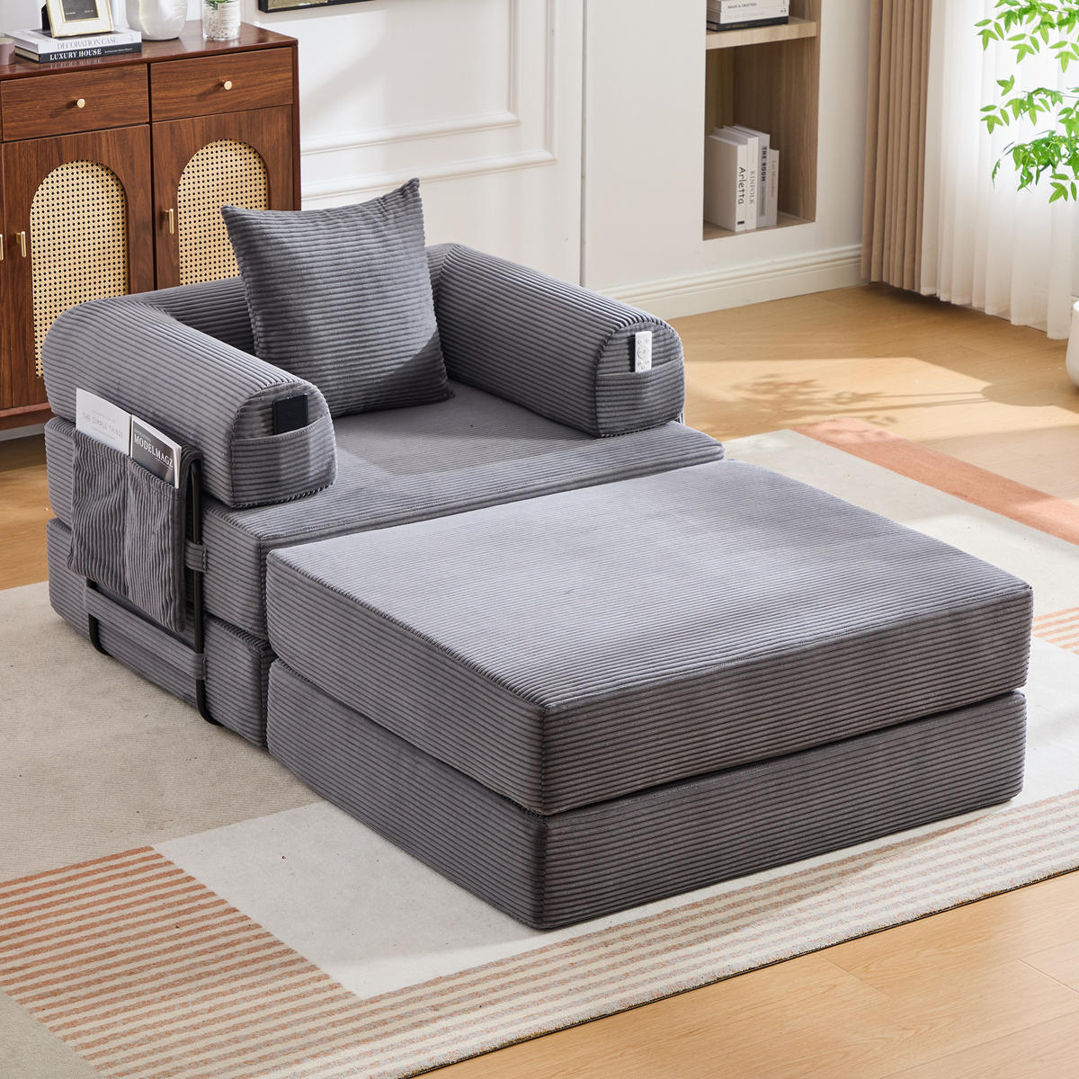 SOFA Cord Dunkelgrau mit Hocker, Kissen und Seitentasche - Dunkelgrau, Textil/Metall (112/67/190cm) - WISHDOR