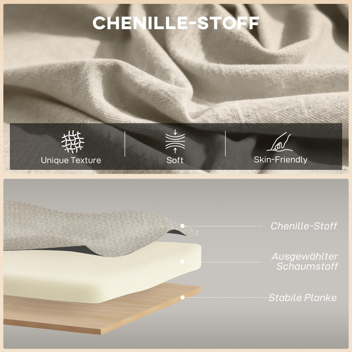 2-SITZER-SOFA DE-06571 kleines Chenille-Sofa mit Flügelrücken, dicker Sitz Beige - Beige, Holz/Textil (117/78.5/65cm) - ComfortXL