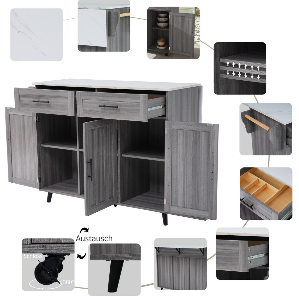 KÜCHENINSEL 129/71/91,5 cm Grau/Weiß aus MDF mit klappbarer Tischplatte - Grau, Holzwerkstoff (46/91.5/129cm) - OKMYHOME