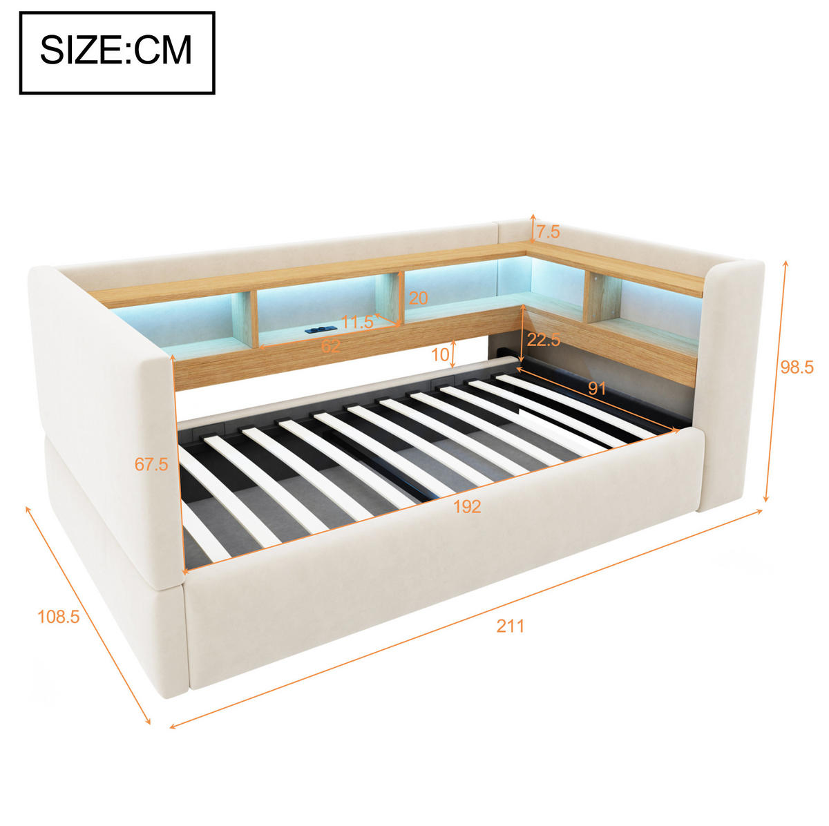 POLSTERBETT 90/190 cm aus Flanell mit LED-Beleuchtung und Steckdosen, Beige - Beige, Textil (90/190cm) - OKMYHOME