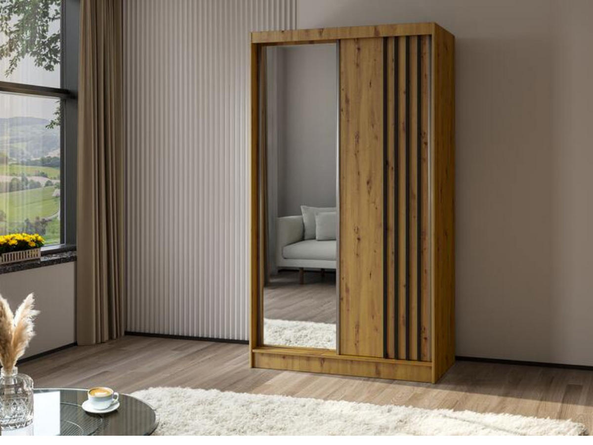 SCHWEBETÜRENSCHRANK Neli 120 cm mit Lamellen und Spiegel 2-türig, Artisan, Artisan, Lamelle schwarz - Schwarz/Braun, Kunststoff (120/216/61cm) - Margaret Hadas24