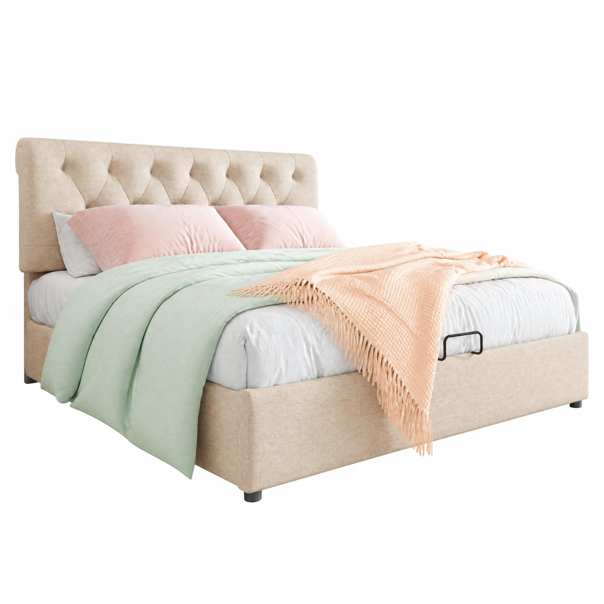 POLSTERBETT 140/200 mit hydraulischem Bettkasten, verstellbarem Kopfteil und Matratze in Natur - Beige, Holzwerkstoff/Textil (140/200cm) - EVRYAE