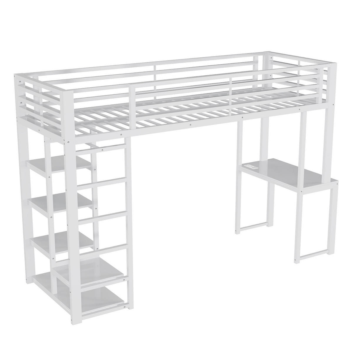 ETAGENBETT 90/200 cm Weiß mit Schreibtisch, Kleideraufbewahrung, USB- und Type-C-Schnittstelle - Weiß, Metall (90/200cm) - Oxeza