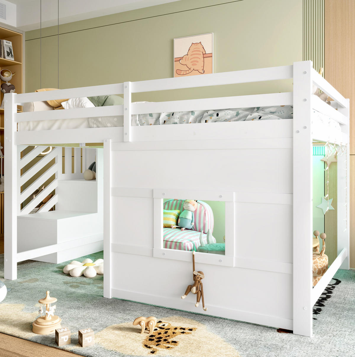 HOCHBETT 140/200 cm Weiß aus MDF, Kiefer und Sperrholz mit Stauraumtreppe und Fenster - Weiß, Holzwerkstoff (140/200cm) - OKMYHOME