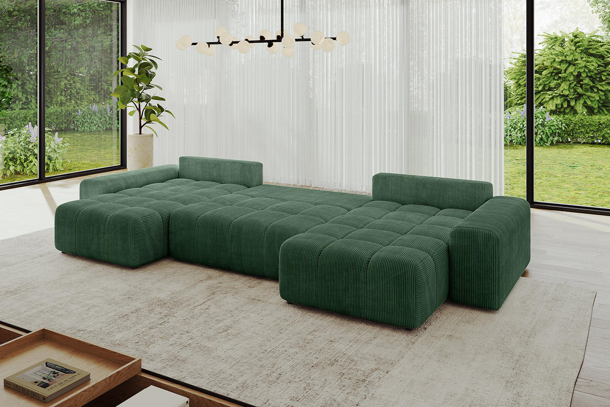 WOHNLANDSCHAFT ENIL-U 390x175x84 Grün Cord - Grün, Holzwerkstoff/Kunststoff (390/84/175cm) - ALTDECOR