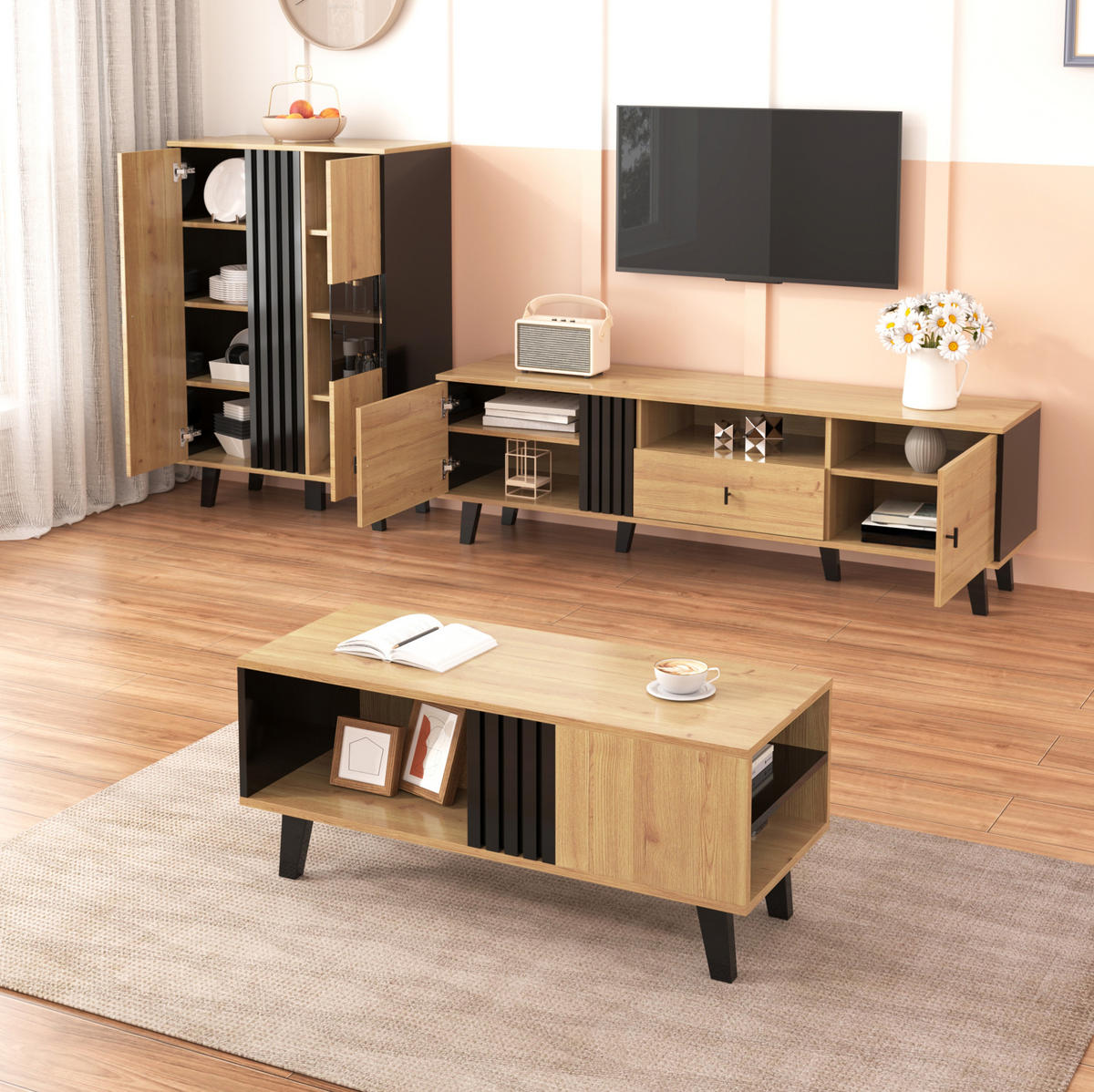 SIDEBOARD 80/120/40 cm in Holzfarben/Schwarz mit Glastüren und LED-Beleuchtung - Naturfarben, Holzwerkstoff (80/40/120cm) - Flora Grace