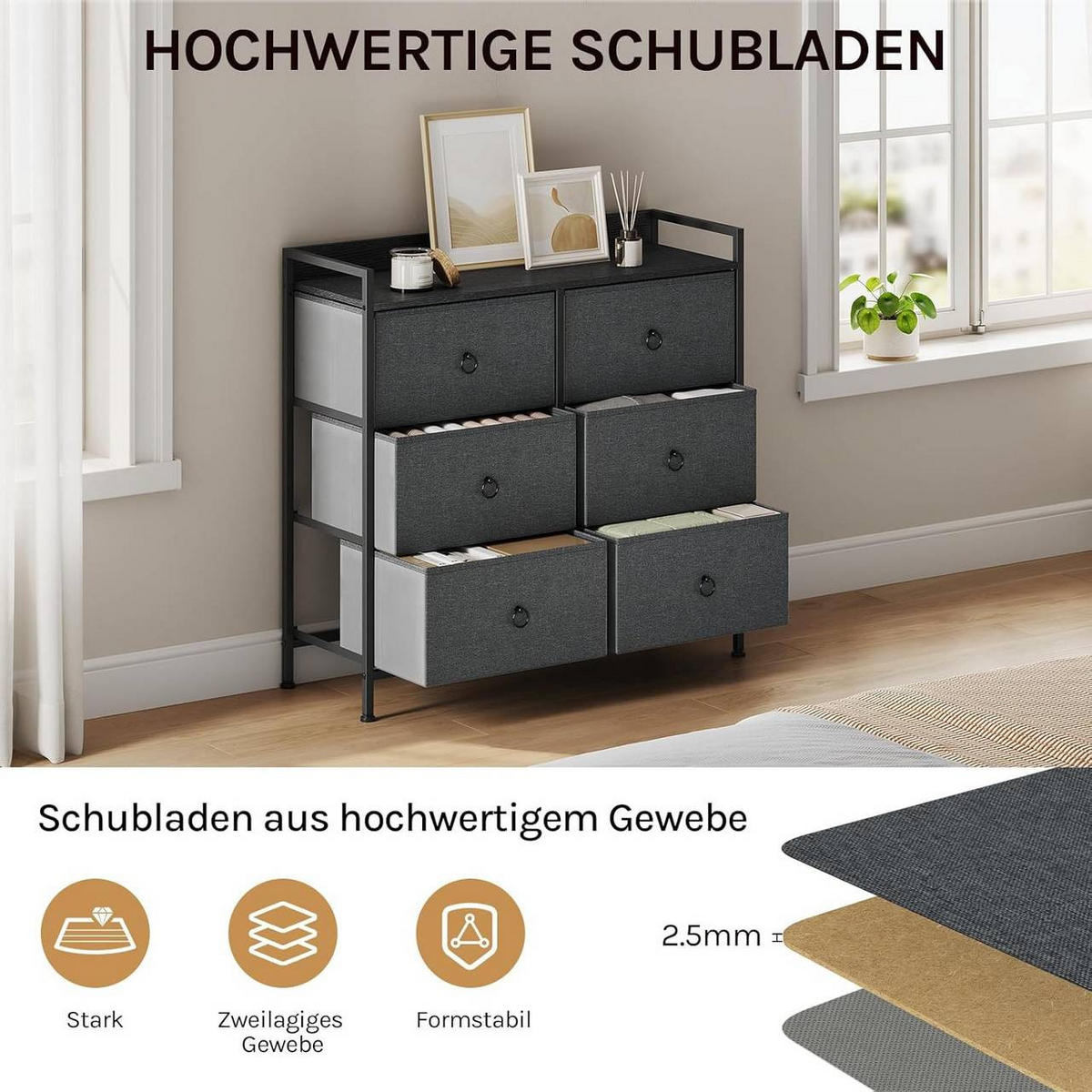 KOMMODE mit 6 Schubladen, Industrial Stil, Dunkelgrau - Dunkelgrau/Schwarz, Holzwerkstoff/Kunststoff (80/78/29cm) - Woltu