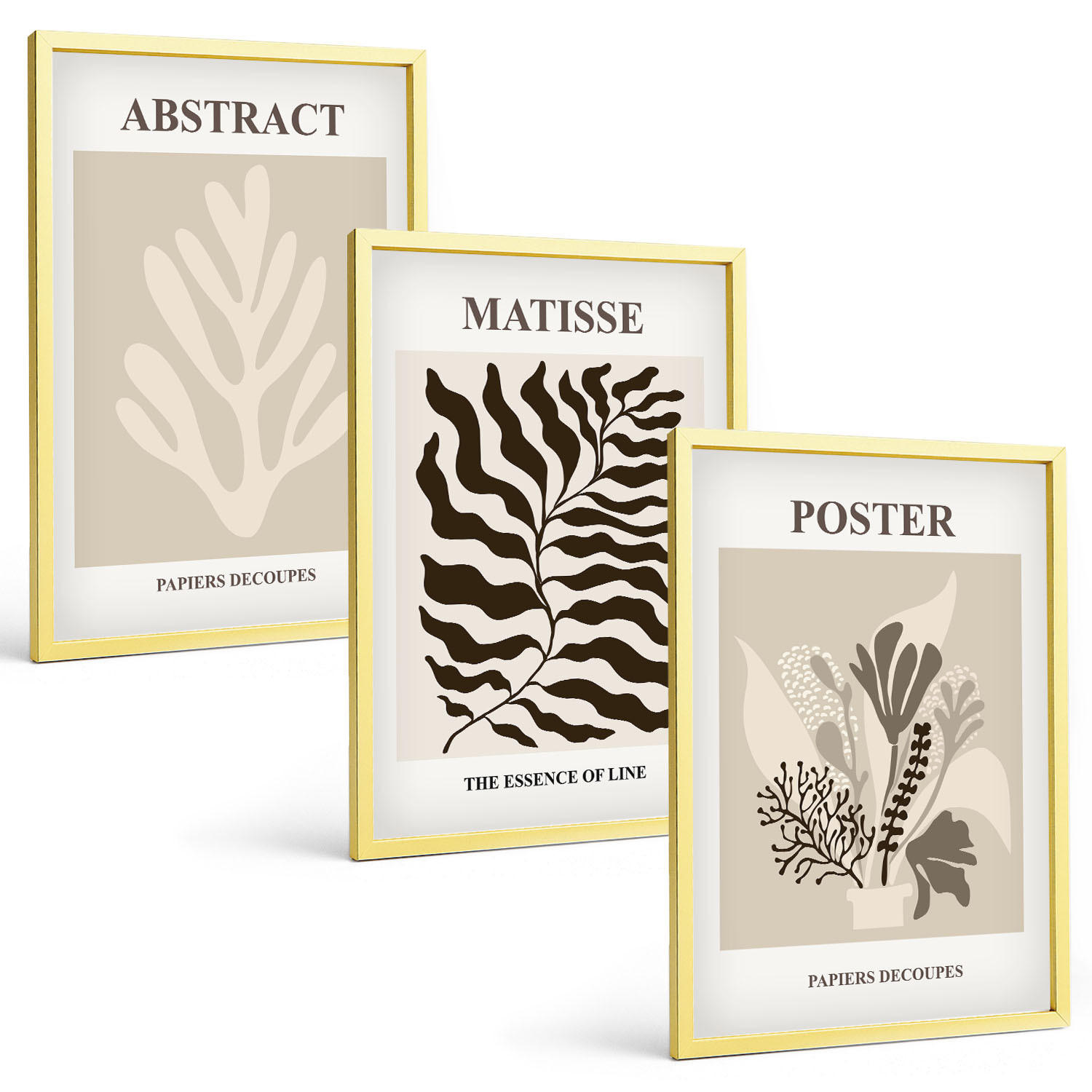 BILDER SET 3er Set - 40x60 cm Goldrahmen - Beige-braune Pflanzenmuster - Goldfarben, Kunststoff (40/60cm) - TULUP