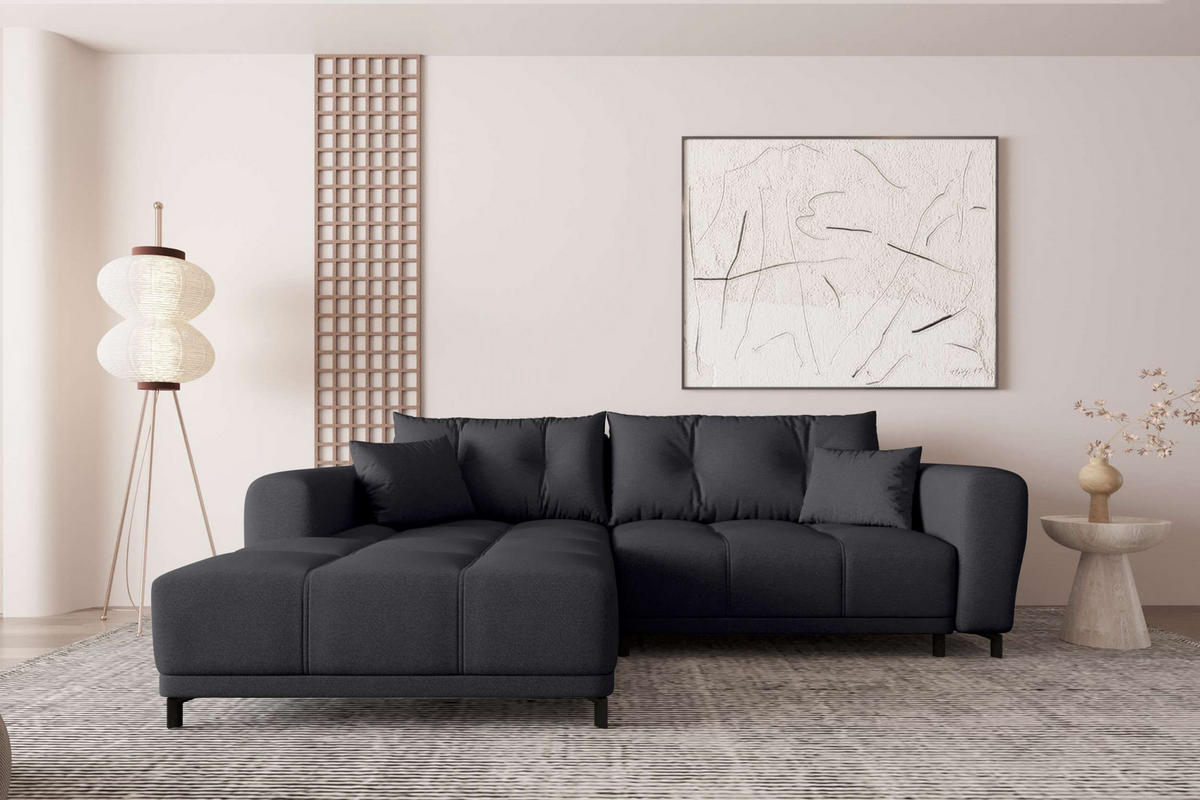 ECKSOFA Massimo Strukturstoff Schwarz inkl. Schlaffunktion Links - Schwarz, Textil/Metall (246/177cm) - 99rooms