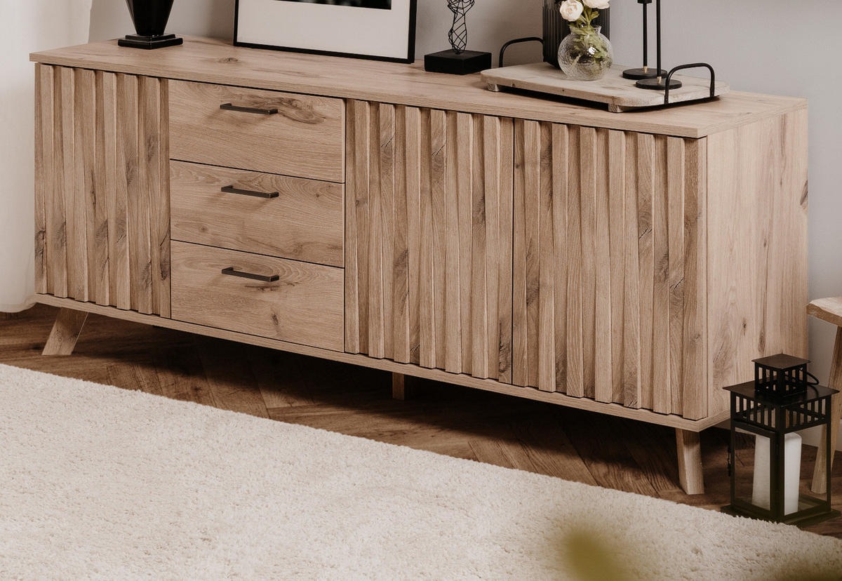SIDEBOARD Eiche 175 cm, Kommode mit Push-to-Open und 3D Relief - Eichefarben/Messingfarben, Holzwerkstoff/Metall (175/68/40cm) - Furn.Design