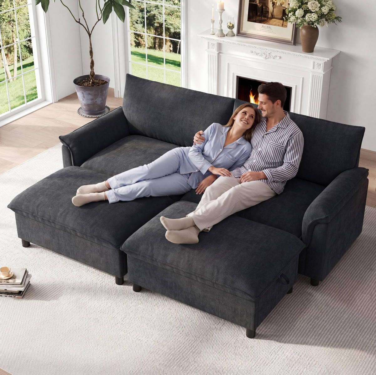 SOFA mit Fußhocker und Stauraum 216 x 77 x 82 cm Chenille Schwarz - Schwarz, Holzwerkstoff (77/82/216.1cm) - Meubliv