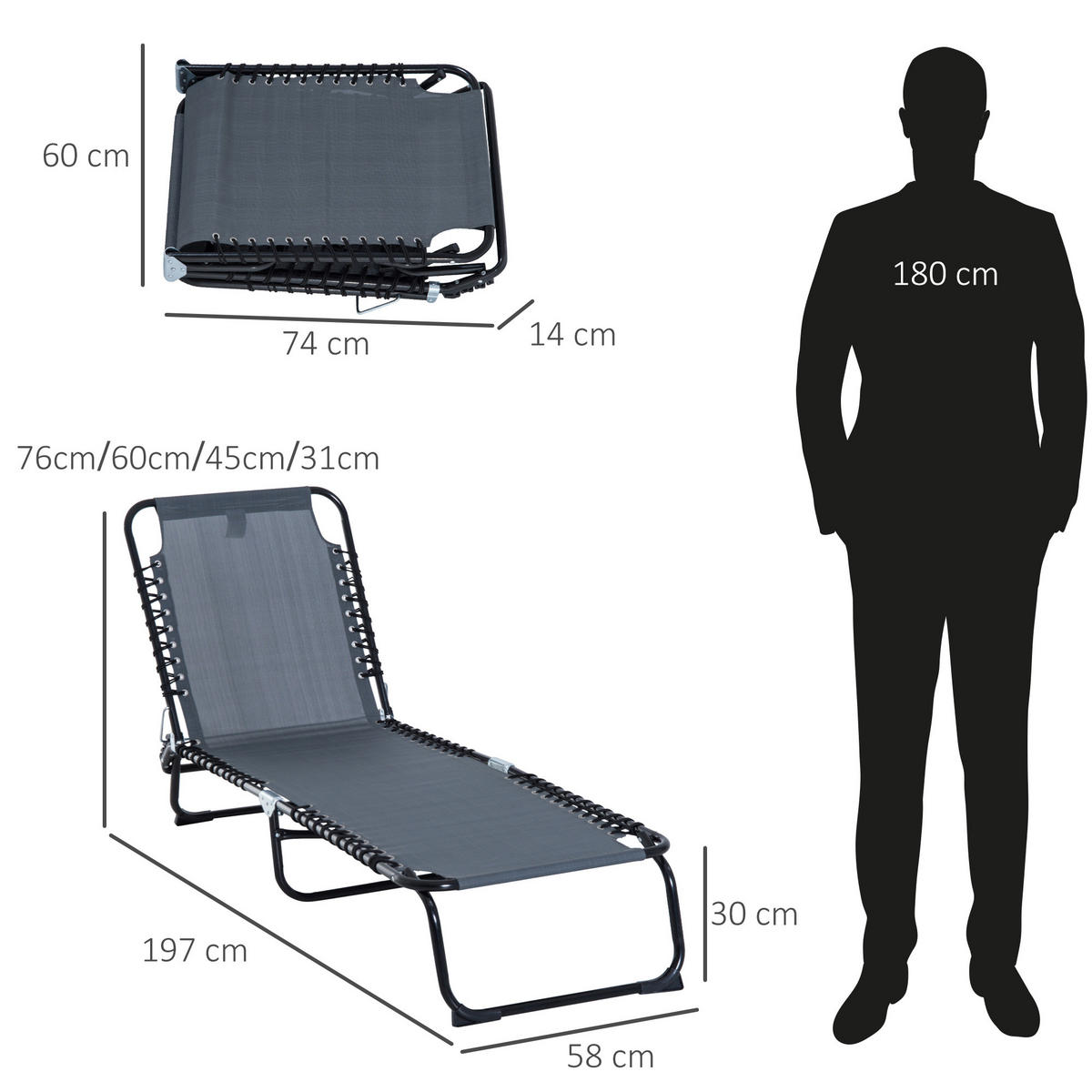 KLAPPLIEGE - Dunkelgrau, Kunststoff/Metall (58/76/197cm) - Outsunny