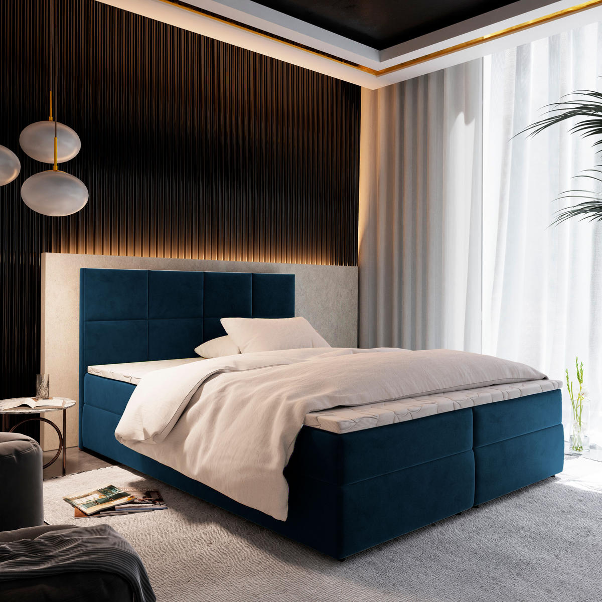 POSTEL BOXSPRING LENA 160x200 cm, s matrací a úložným prostorem, modrá - modrá, kompozitní dřevo/textil (160/200cm) - MASSENO