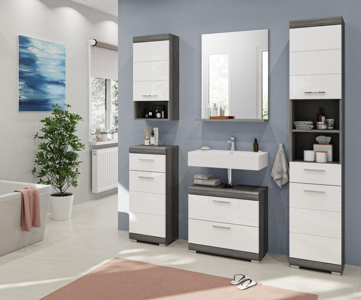 BADMÖBEL-SET weiß Hochglanz, grau 5-teilig 164 cm, Kombination mit viel Stauraum - Weiß Hochglanz/Grau, Holzwerkstoff (164/191/34cm) - Inn.Furn