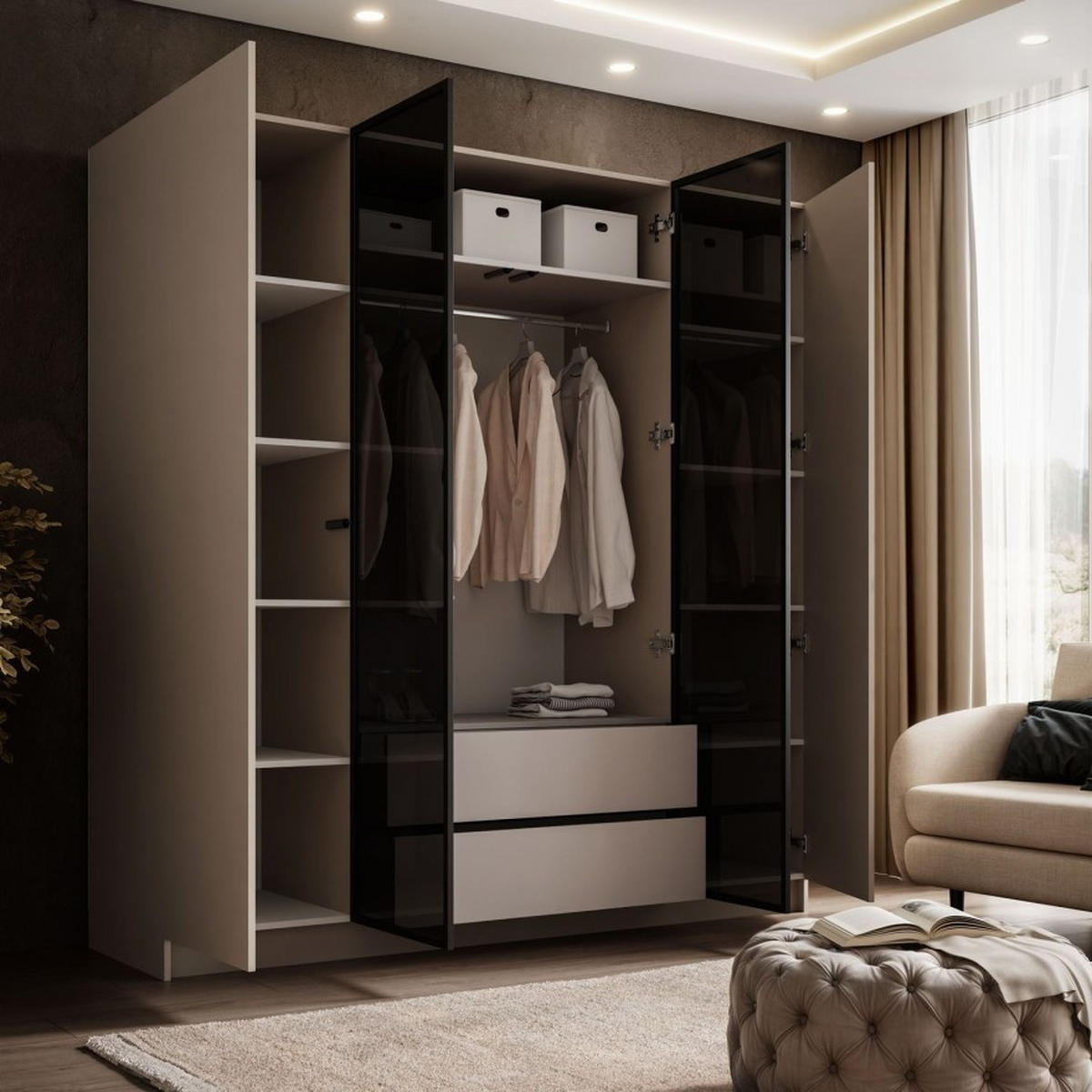 KLEIDERSCHRANK ATRIUM mit Glasfront - Kaschmir, Holzwerkstoff (200/210/57cm) - Lookway
