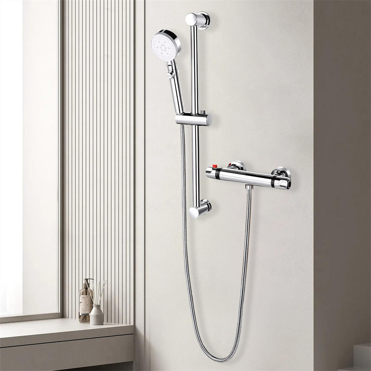 DUSCHSYSTEM mit Thermostat - Duschsystem Thermostat runder Ventilkörper mit Sicherheitssperre Handbrause - Silberfarben, Metall (28/63.5/4cm) - DELFA