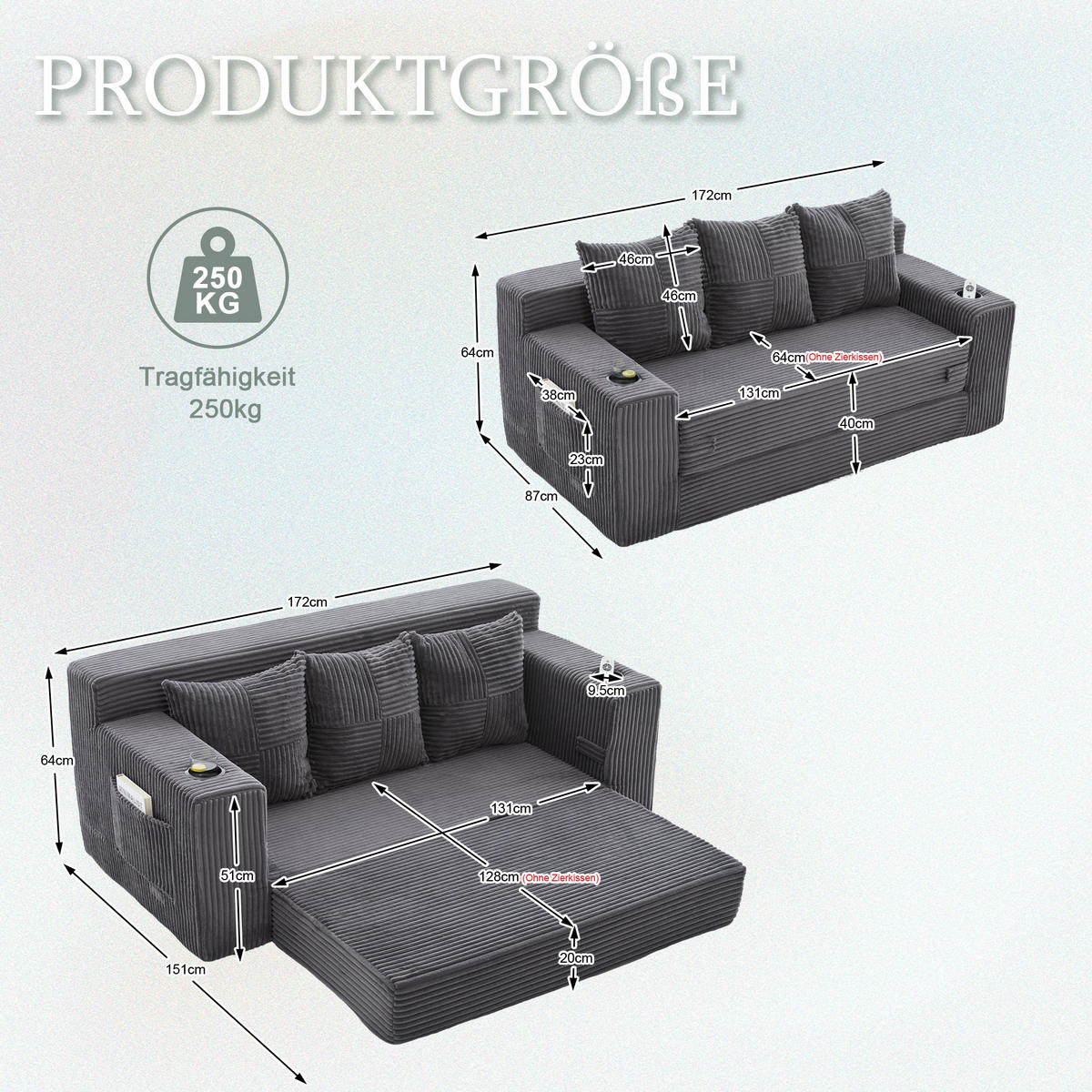 2-SITZER Bodensofa ausklappbar, Getränkehalter/Seitentaschen, Cord, Grau - Grau, Textil (172/64/87cm) - LVHOM